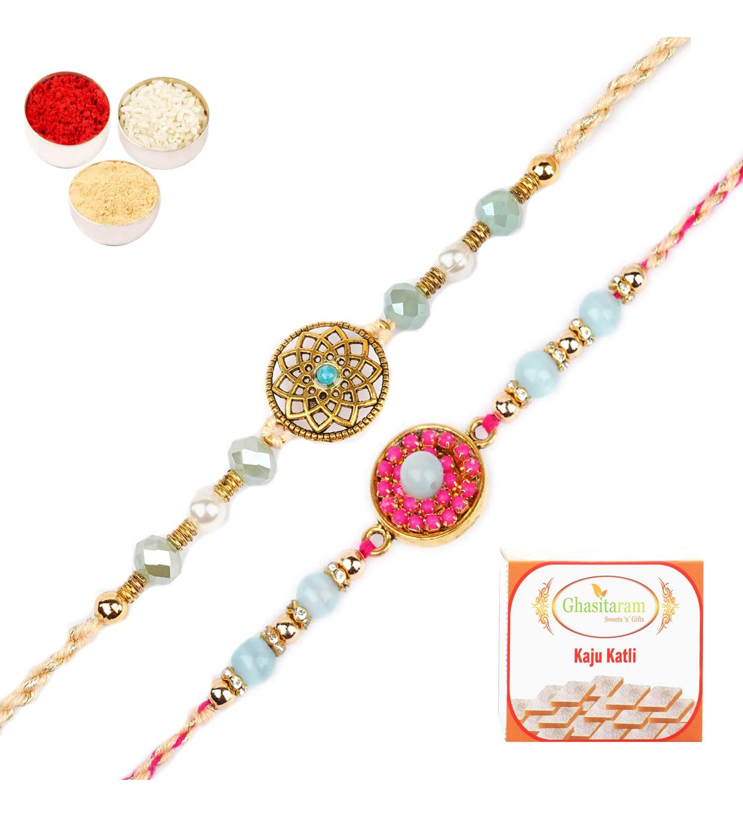 Ghasitaram Gifts Rakhi for Brother Rakhis Online - Set of 2 Rm- 643 and Rm- 654 Premium Rakhis with 400 GMS of Kaju katli - Buy Online on GoSupps.com