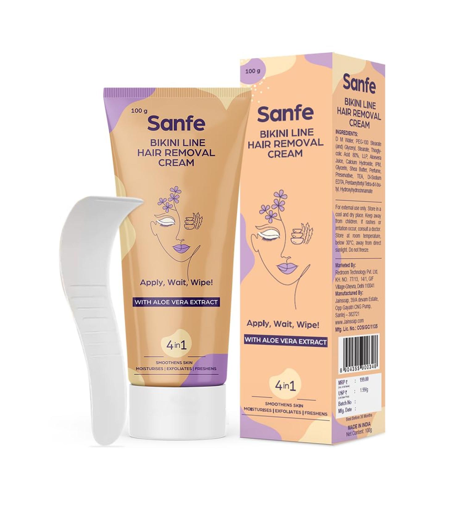 Sanfe Bikini Line Hair Removal Cream - Natural & Safe for Sensitive Skin - 100g with Spatula & Intimate Wipes - Lavender Aloe Vera Shea Butter - Buy Online on GoSupps.com