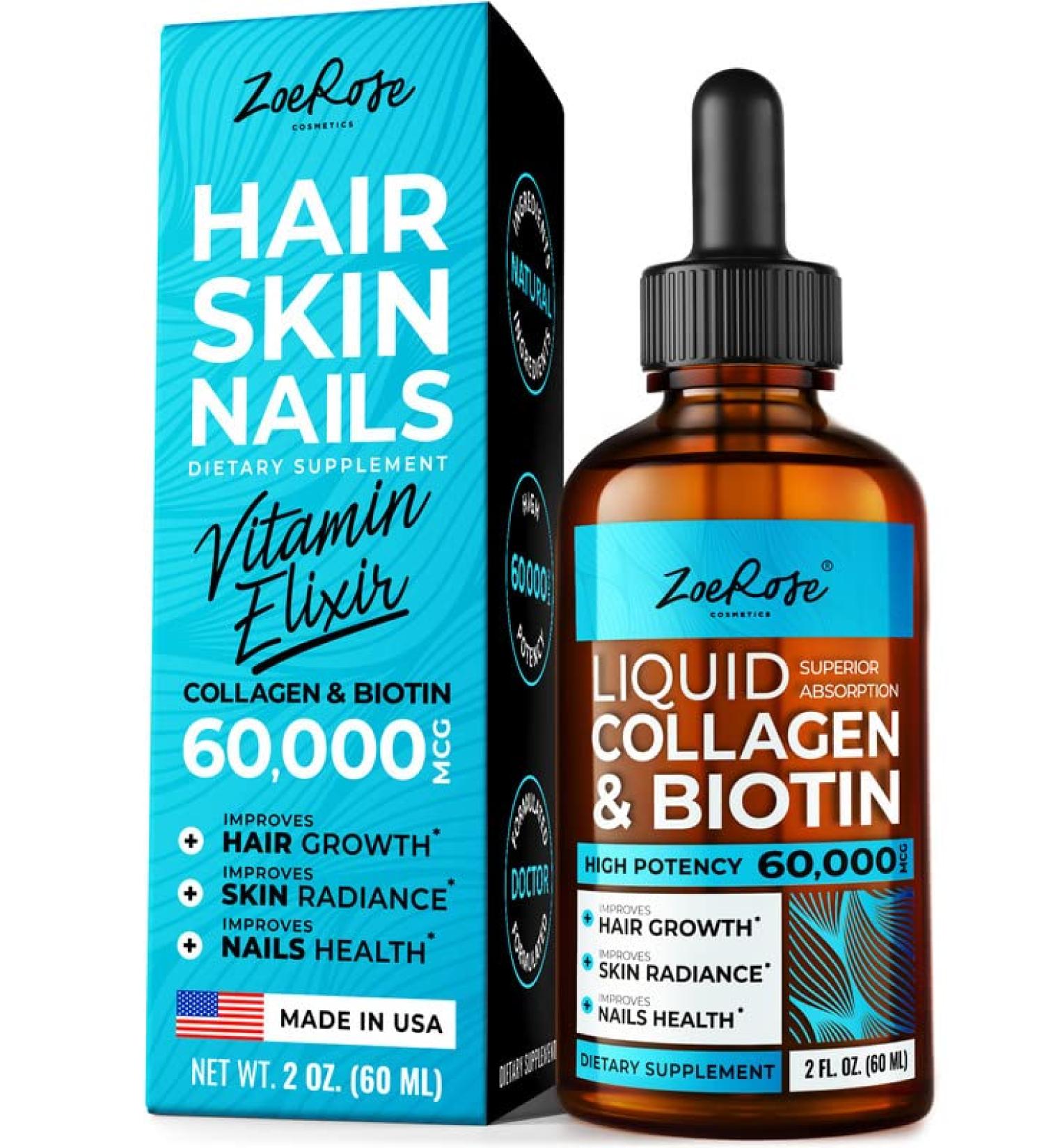 Liquid Collagen & Biotin Drops 60,000mcg - Natural USA-Made Supplement for Skin, Nails, Joints & Hair Growth - 10,000mcg Biotin & 50,000mcg Collagen - Buy Online on GoSupps.com