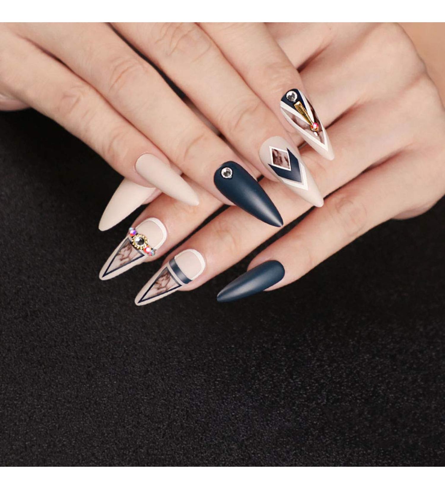 Sethexy Long Matte Stiletto False Nails - Nude Pink & Crystal Black Acrylic Nail Tips | 24 Stiletto Nail Art for Women & Girls - Buy Online on GoSupps.com