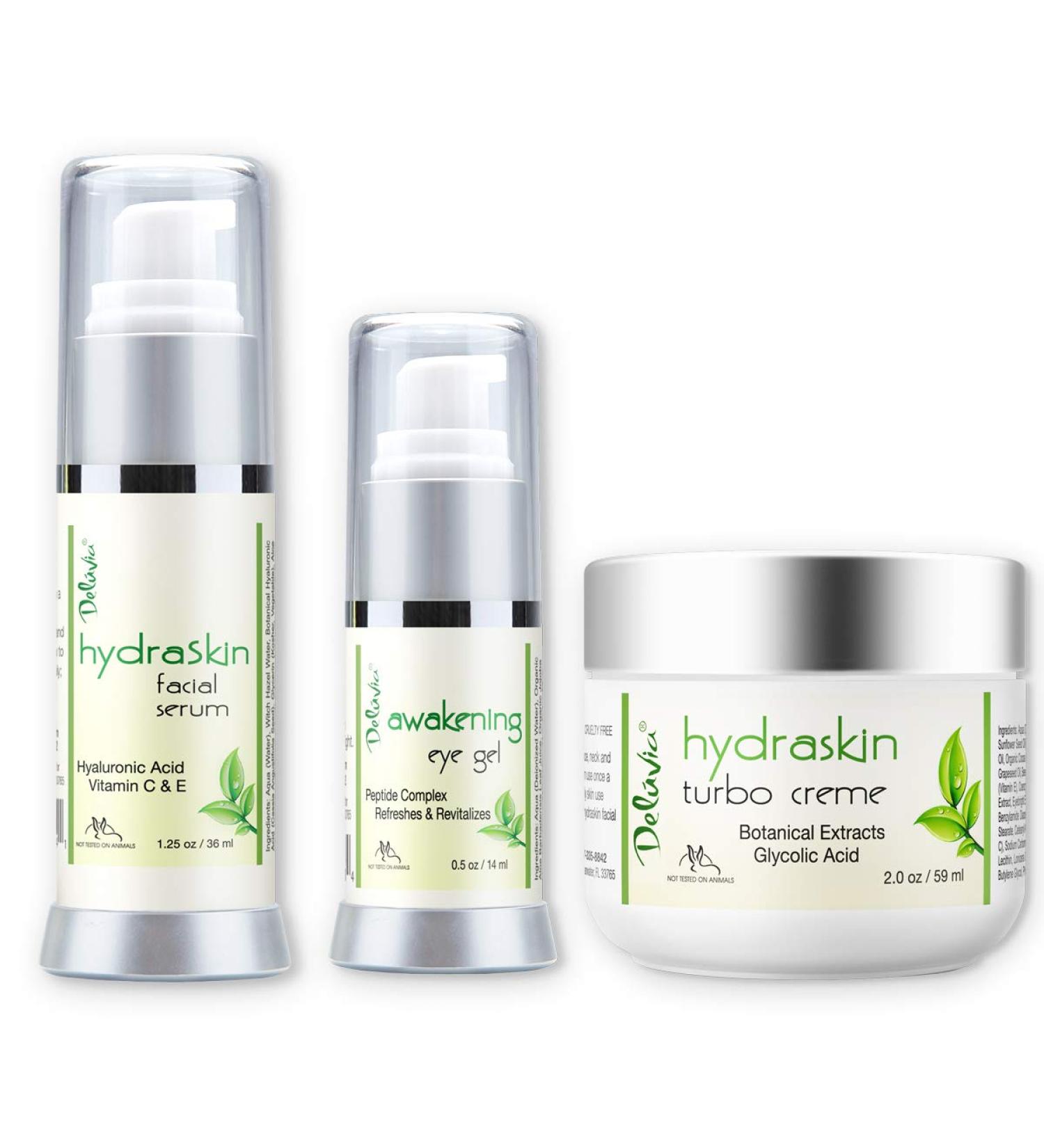 Deluvia HydraSkin Awakening System - Ultimate Skin Care Set with Eye Gel Facial Serum & Night Cream | Botanical Hyaluronic Acid AHA Vitamin C Aloe Vera - Buy Online on GoSupps.com
