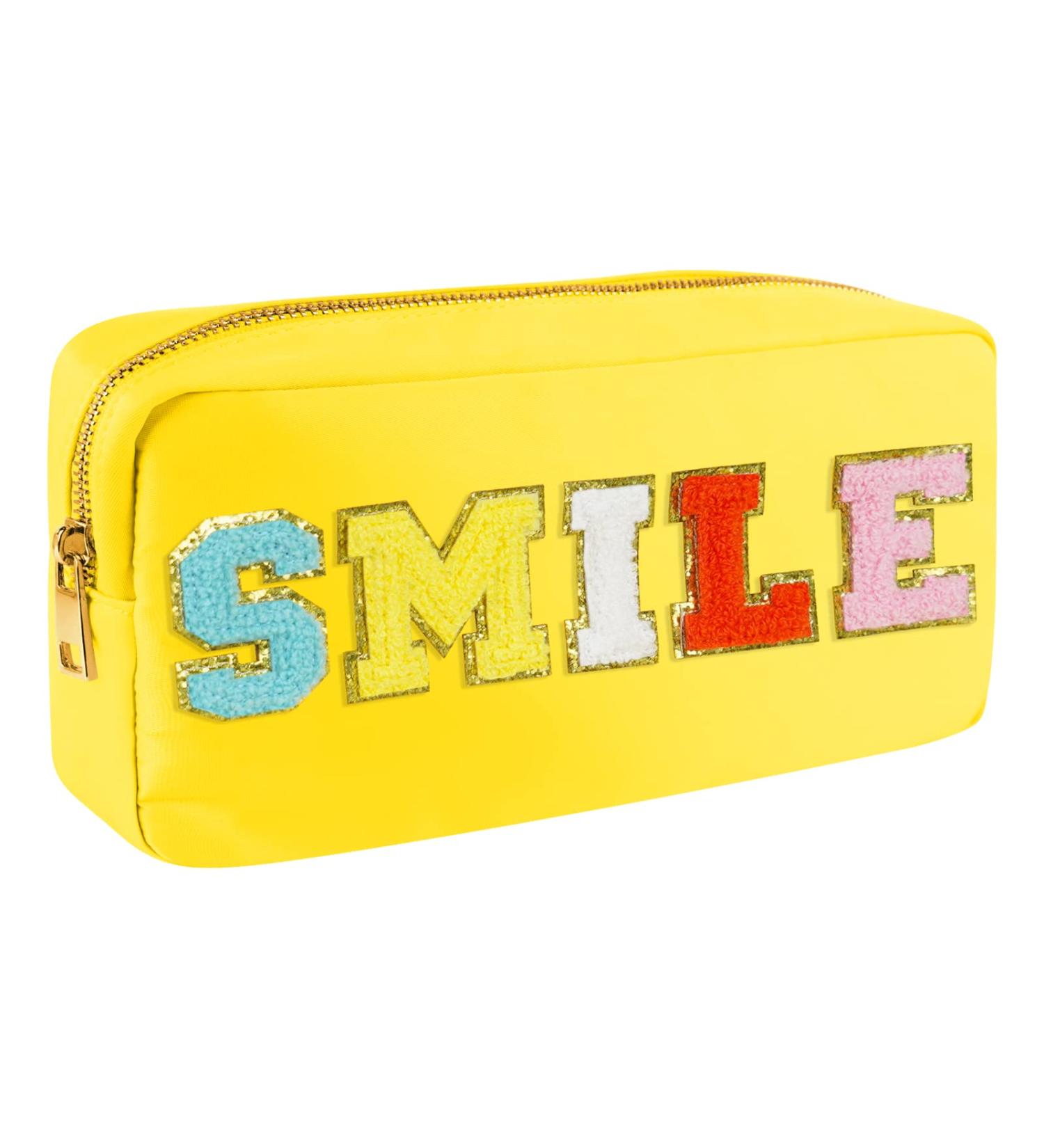 Yellow Nylon Waterproof Preppy Makeup Bag with Chenille Letter Patches - Women's Travel Organizer for Toiletries and Cosmetics - Buy Online on GoSupps.com