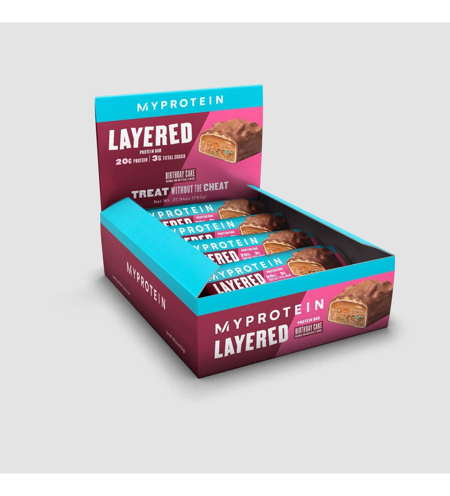 MyProtein Layered Bar - Birthday Cake 12 Bars Net Wt. 27.94 oz (792 g). Five layers of taste and indulgence. Each Bar weighs 2.33 oz (66g) and has 20 g protein and 3g sugar. - Buy Online on GoSupps.com