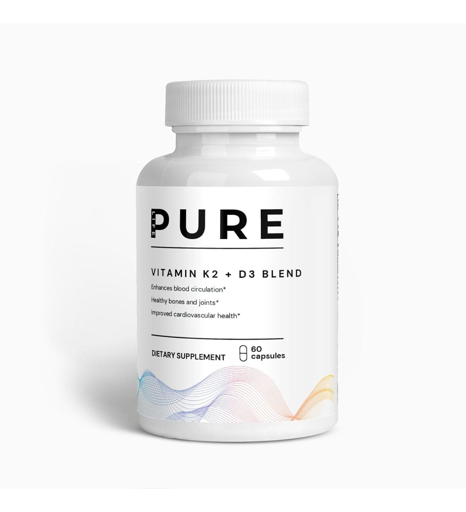 PURE LIFE Vitamin K2 D3 Supplement 60 Capsules Pure Vitamin D3 + K2 with Calcium & BioPerine Supports Bone and Joints Improved Cardiovascular Health Best D3 and K2 Supplement USA Made - Buy Online on GoSupps.com