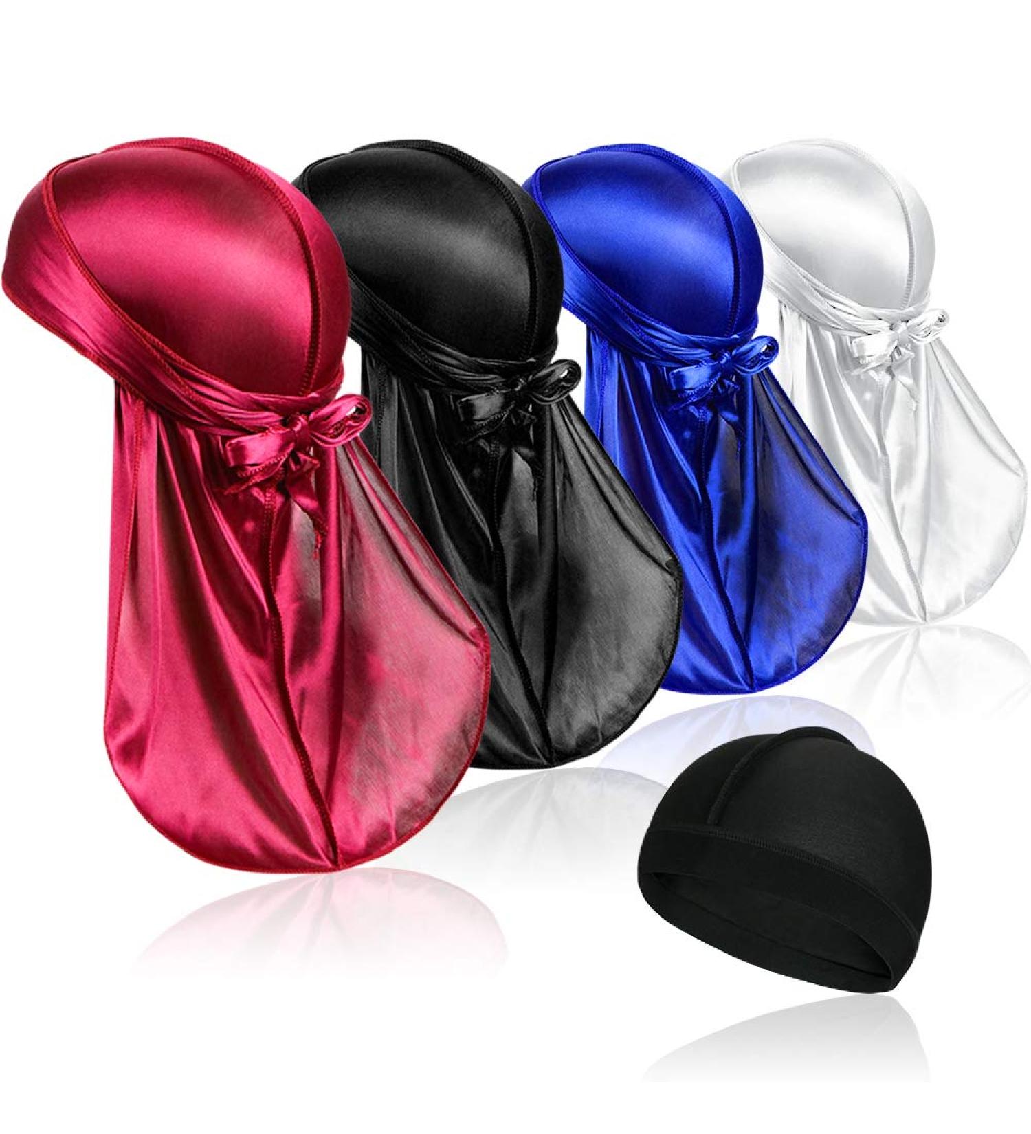 4-Piece Silky Durag Caps Headwraps + Silk Wave Cap for Men | Long Tail & Wide Elastic Band | HY-1 - Buy Online on GoSupps.com