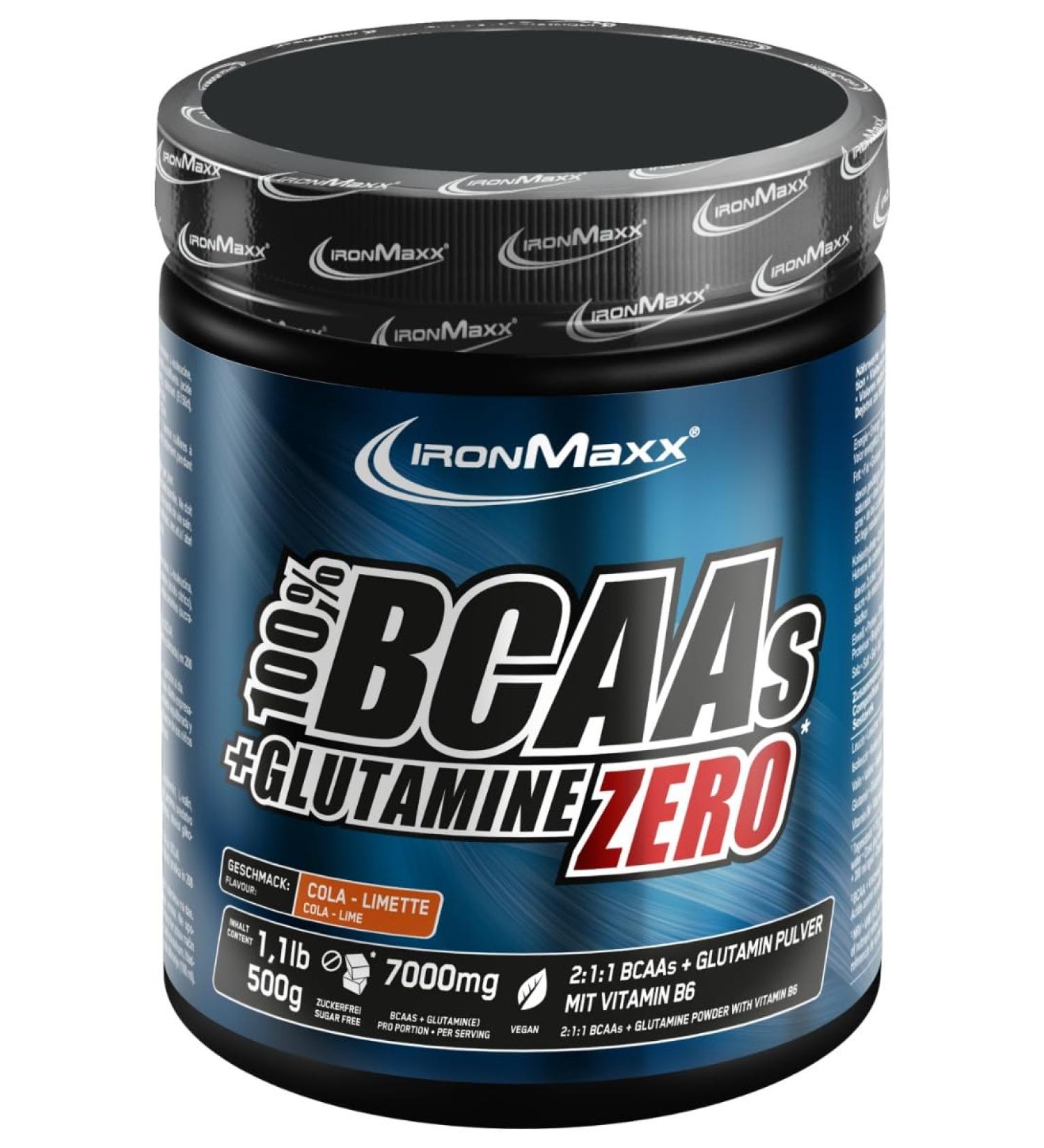 Ironmaxx 100% BCAAS + Glutamine Zero - Cola -Limette 500G |Veganes and sugar -free amino acids powder with vitamin B6 |6000 mg BCAA's and 1000 mg glutamine per portion