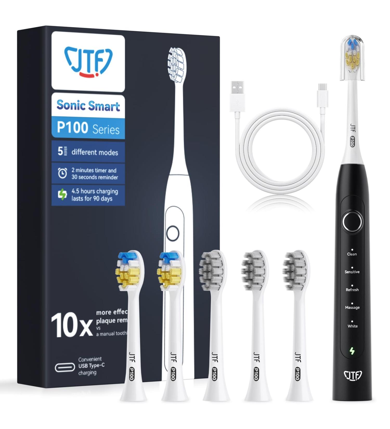 JTF Electric Toothbrush for Adults - Rechargeable Sonic Toothbrush with 6 Heads & 5 Modes - P100 Black - Buy Online on GoSupps.com