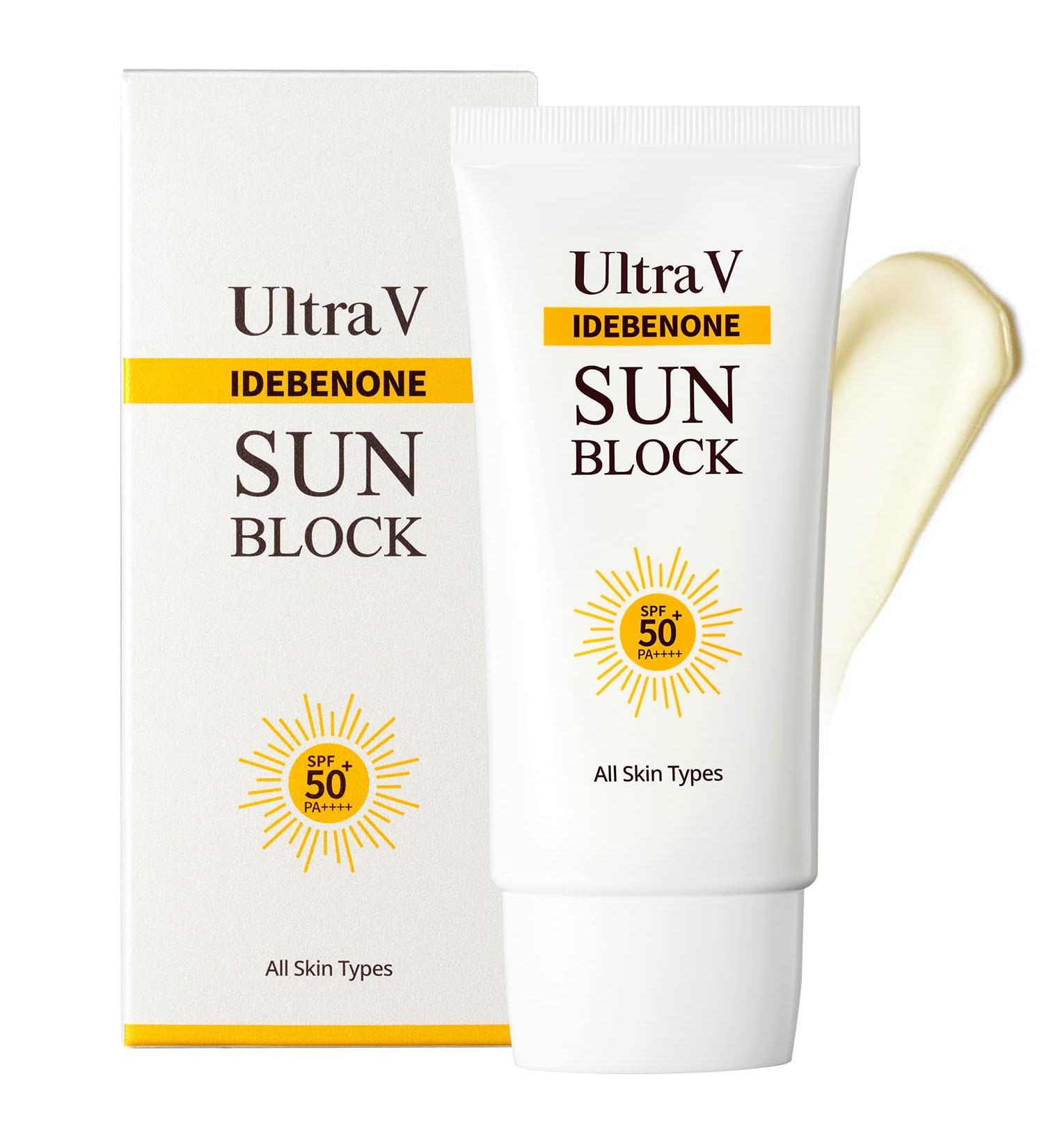 UltraV Idebenone Sun Block SPF50+ PA++++ | Peptides, EGF, Rice & Camomile Extracts | Even Skin Tone | Non Greasy Silky Finish - 1.69 fl.oz - Buy Online on GoSupps.com