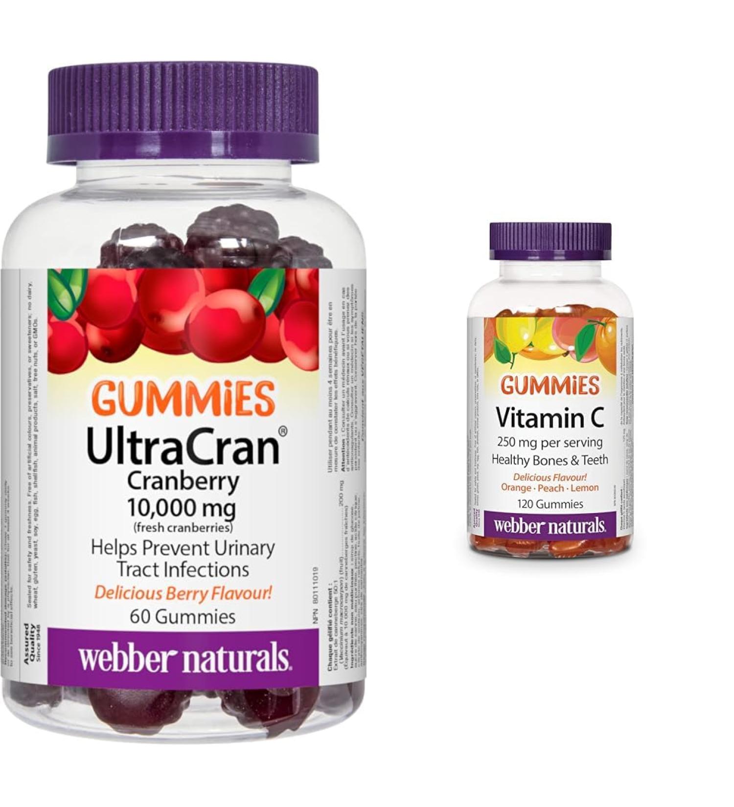 Webber Naturals UltraCran Cranberry 10 000 mg Gummy & Vitamin C Gummy 125 mg 120 Gummies For Bones Teeth Immune and Antioxidant Health Vegan Gummy + Vitamin C Gummy - Buy Online on GoSupps.com