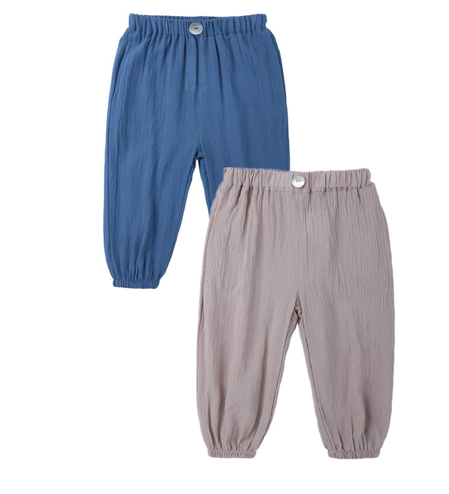 AYIYO Baby Linen Pants 2Pcs Set, Elastic Waist Harem Bloomers, 9-12 Months, Blue+Khaki - Buy Online on GoSupps.com