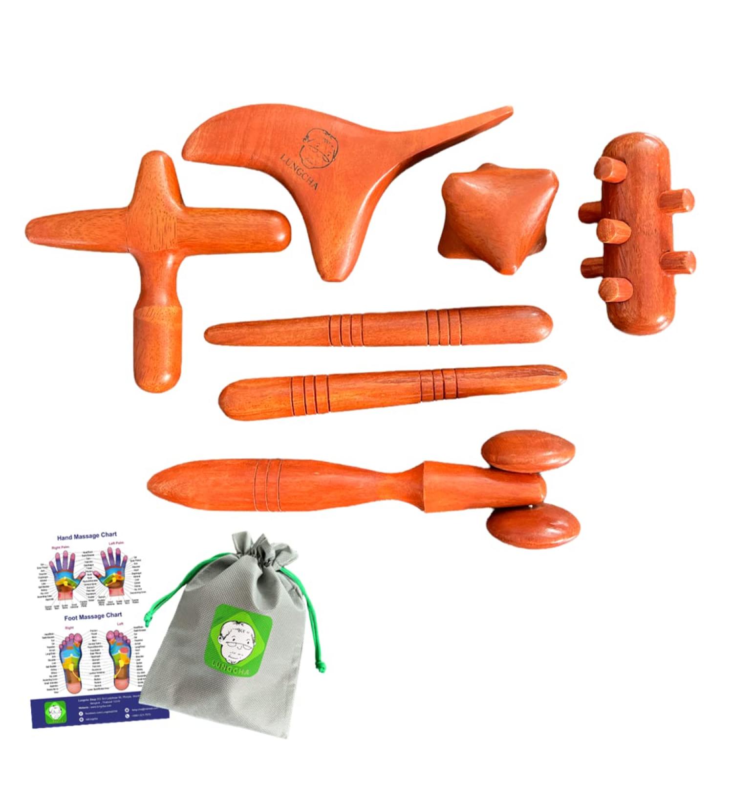LUNGCHA Traditional Thai Massage Reflexology 7 Piece Wooden Stick Tool Set | Acupuncture Point Gua Sha Set for Full Body Massage - Buy Online on GoSupps.com
