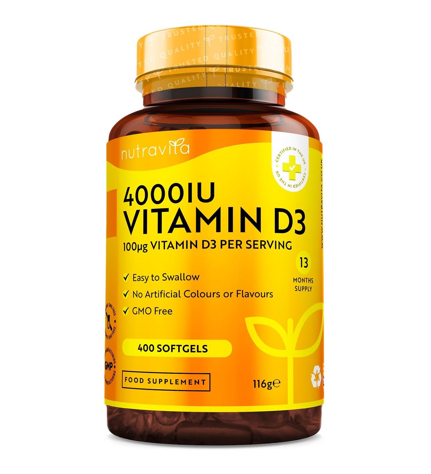 Nutravita Vitamin D3 4000 IU - 400 High Strength Softgels - Max Strength Cholecalciferol Supplement - UK Made - Over 1 Year Supply - Buy Online on GoSupps.com