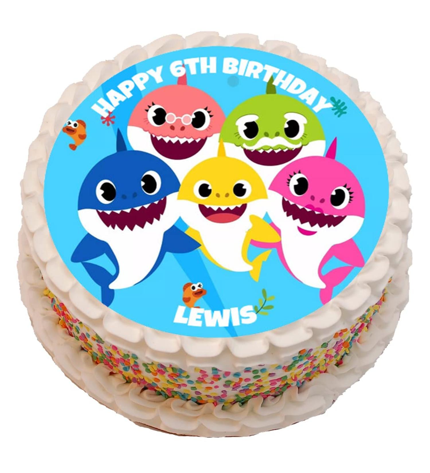 Cute Shark Theme Personalised PRECUT Cake Topper 8 Inch Round Edible Icing Sheet Birthday Decoration