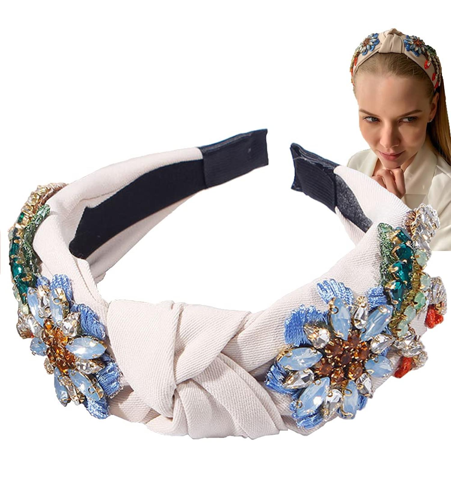 Yusier Baroque Rhinestone Crystal Headband for Women - Embroidered Hair Band in Beige | Exquisite Hair Accessory - Buy Online on GoSupps.com