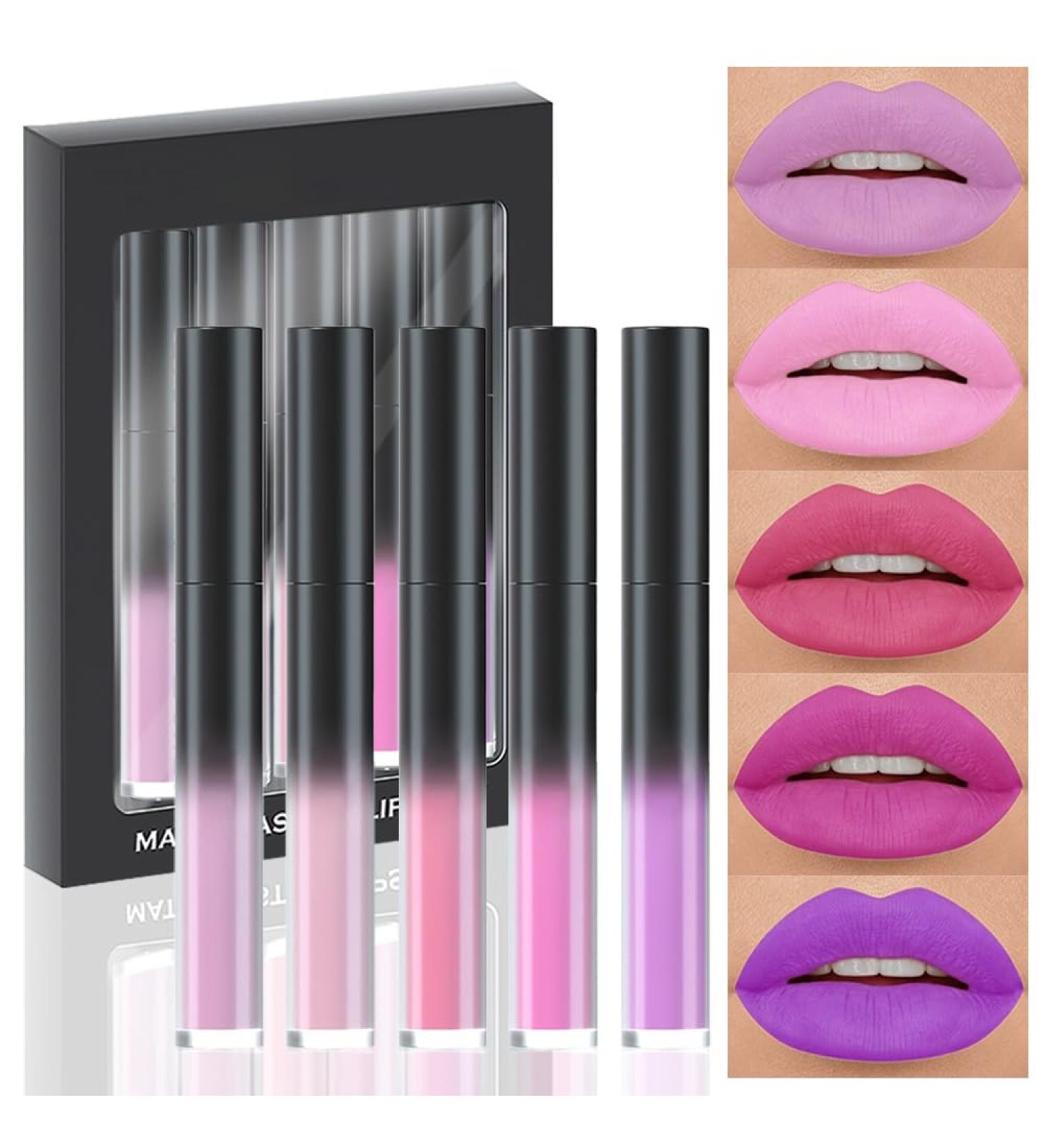 5Pcs Lavender & Pink Matte Liquid Lipstick Set - Long Lasting Waterproof Lip Stains for Women | 24 Hour Wear | EVPCT - Buy Online on GoSupps.com
