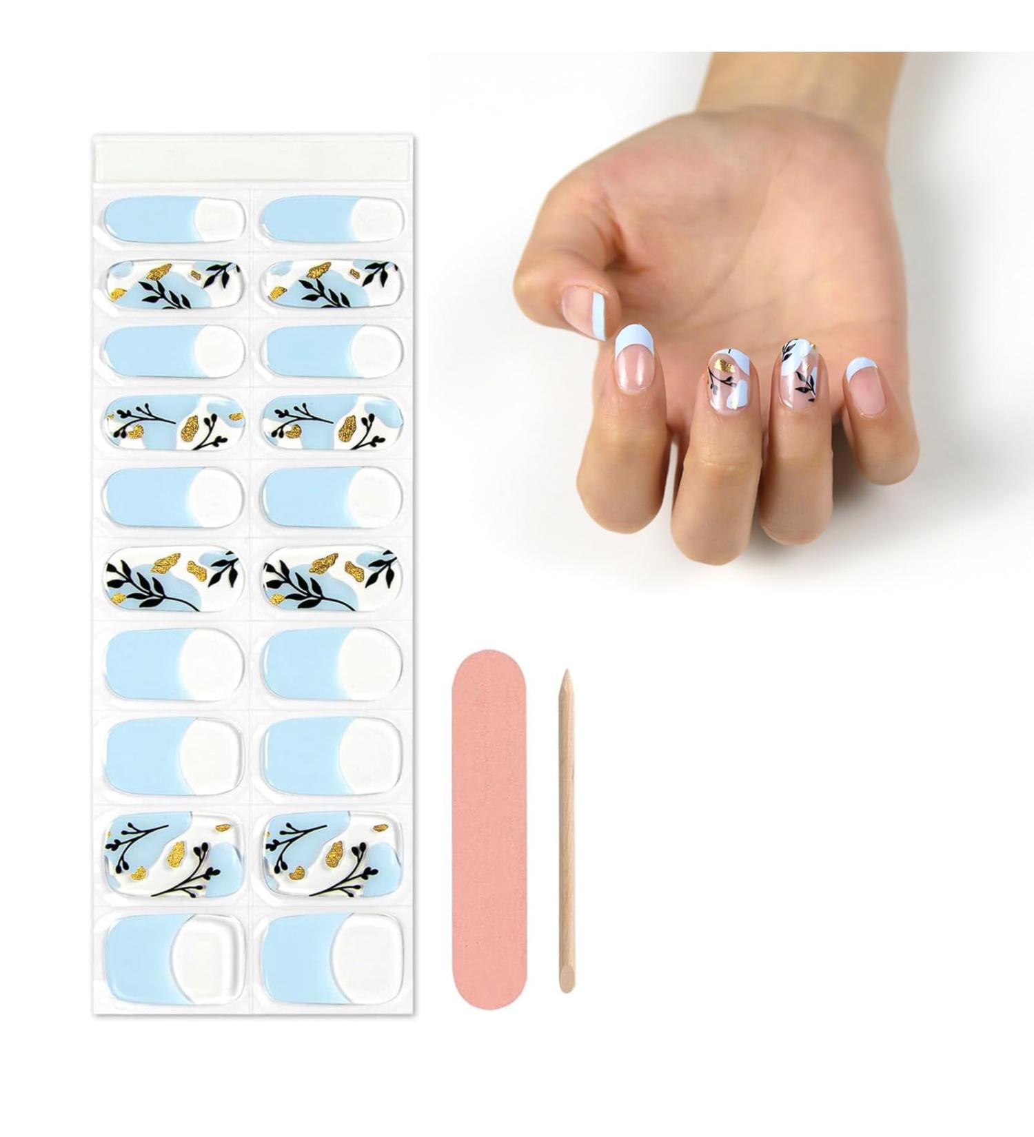 Semi Cured Nail Wraps - 20 Soft Gel Stickers for French Manicure | Blue French Flowers Design | UV/LED Lamp Required - Buy Online on GoSupps.com