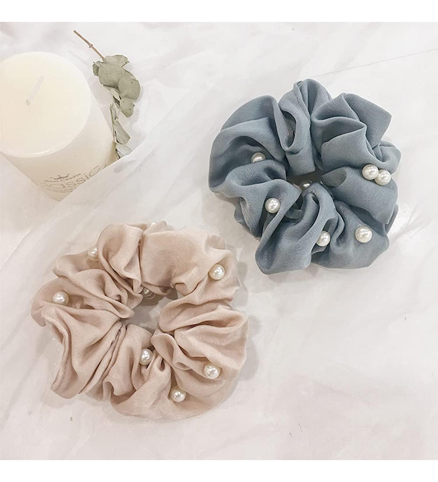 JWICOS Soft Microfiber Pearl Scrunchies Hair Ties for Women and Girls - Pack of 2 (Blue Flesh-Colored) - Buy Online on GoSupps.com