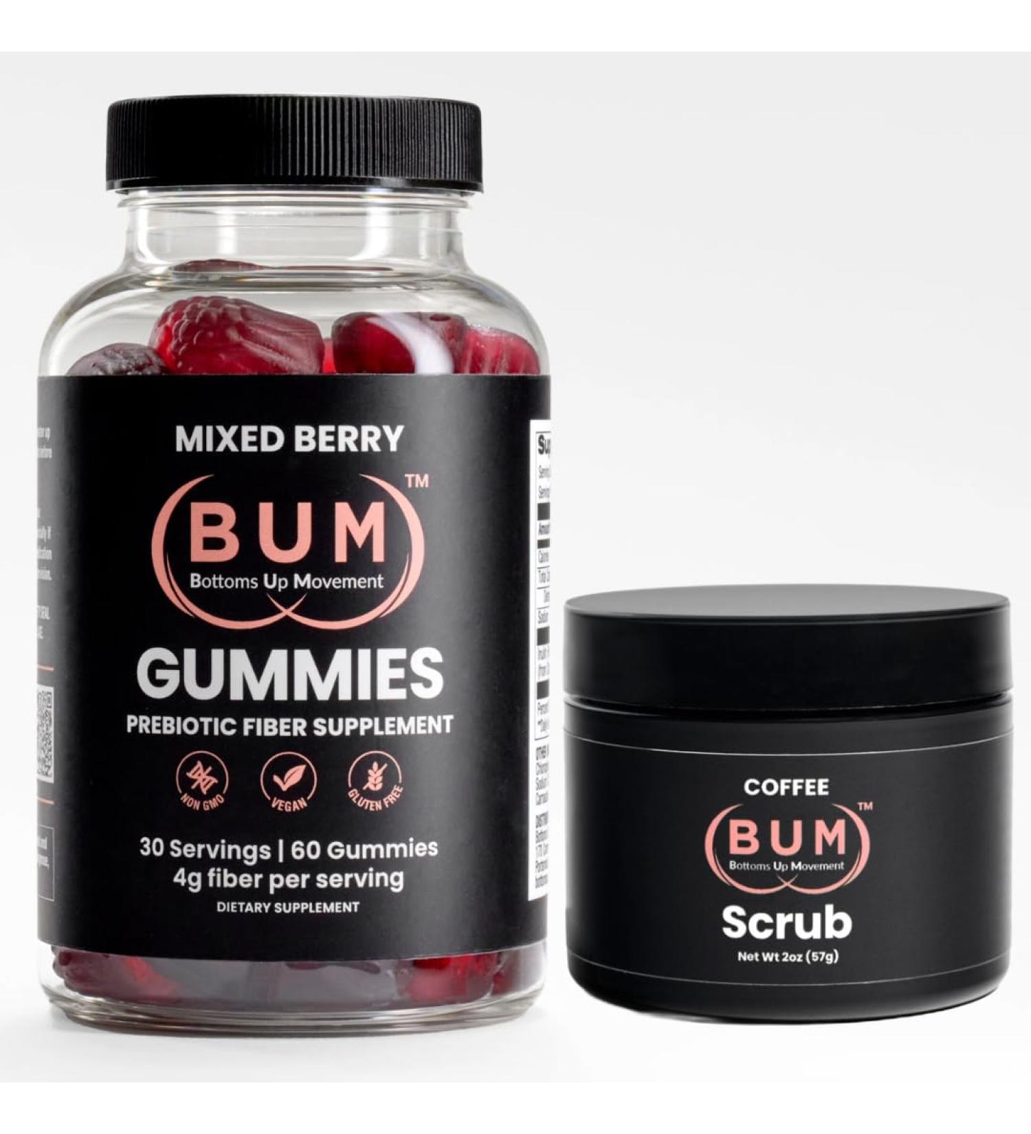 Bum Prebiotic Fiber Gummies and Exfoliating Coffee Scrub 2oz Bundle Gut Health Bloating Relief Fresh-Smelling Smooth Skin Bottom Confidence - Buy Online on GoSupps.com