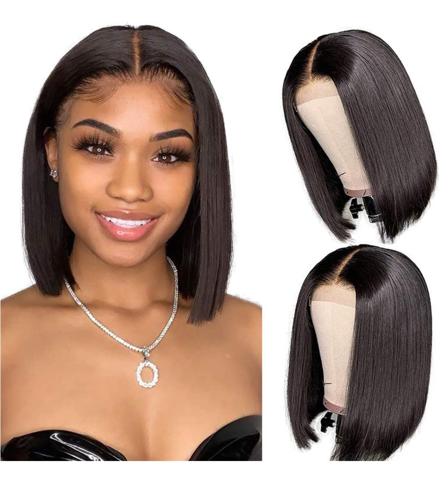 8 Inch Straight Lace Front Bob Wig - 150% Density Human Hair for Black Women | Pre-Plucked T Part Closure - Buy Online on GoSupps.com