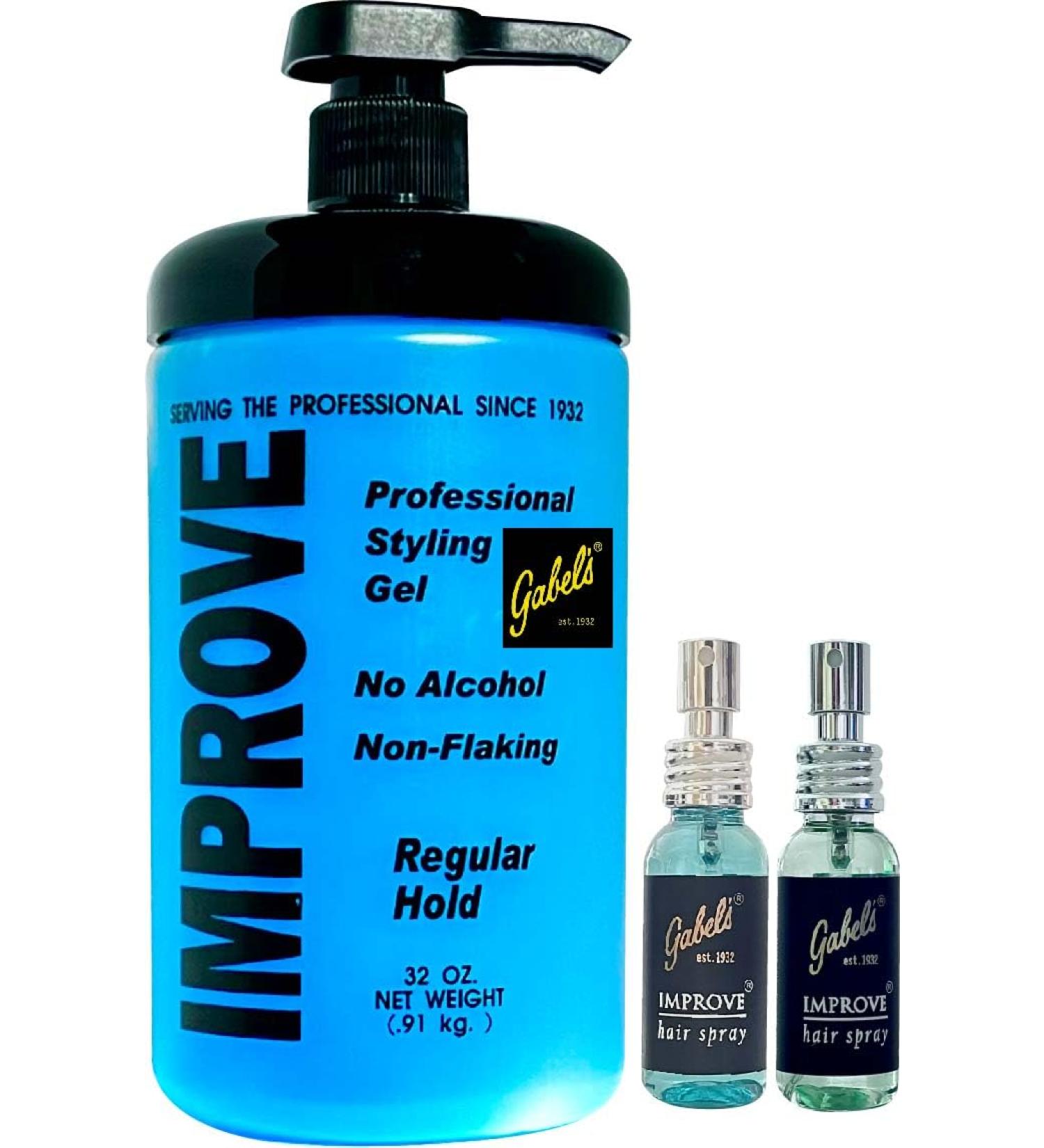 Improve Gabel's Styling Gel Blue Regular Hold (32oz/2lb) Middle Pump and Hair Spray (1oz) each Blue and Green. Gabel's Manufacturer Direct has Gabel's logo in black label