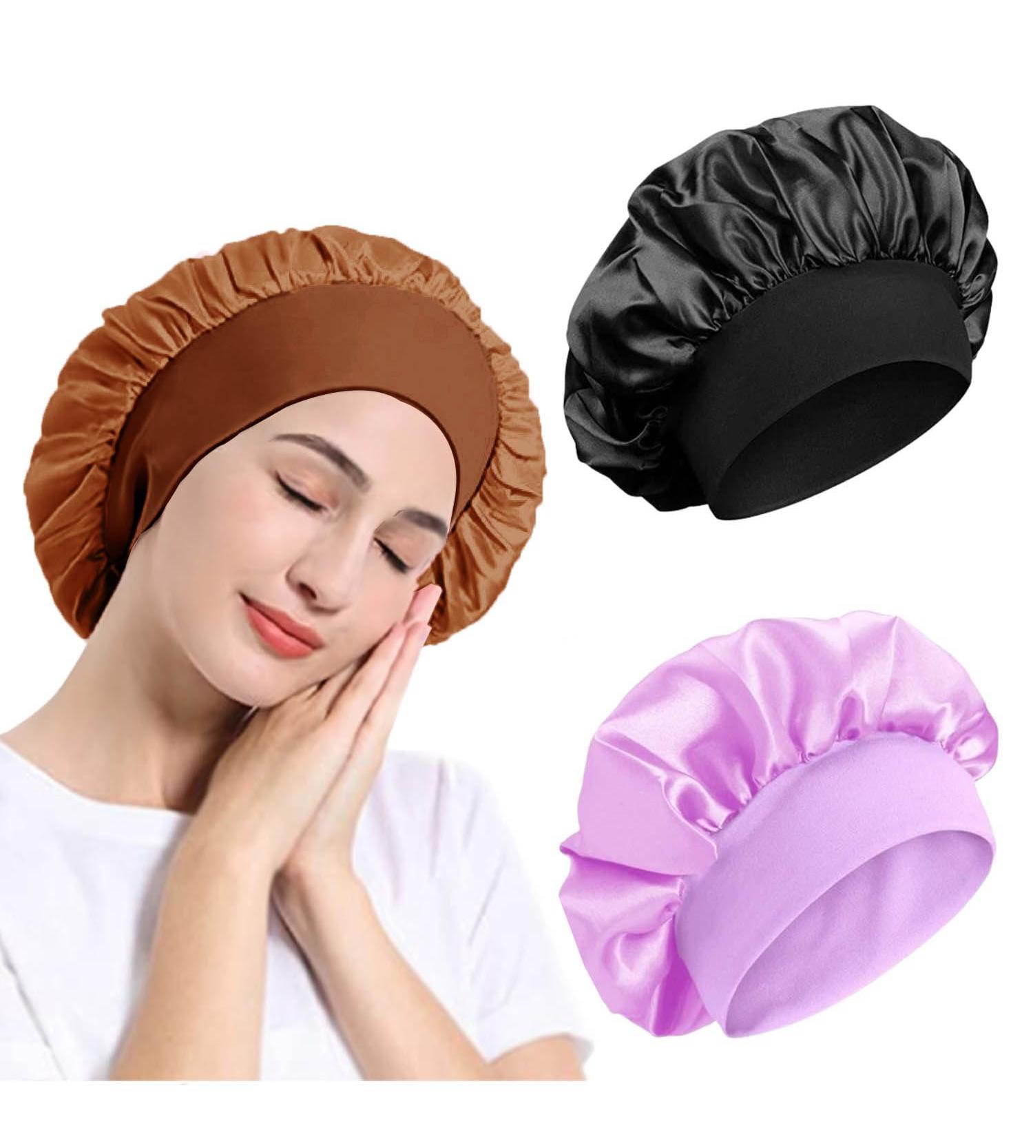 3 Pack Satin Bonnet Night Sleep Caps with Wide Elastic Band Silk Wrap Soft Head Cover Sleeping Hat for Women and Girls Curly Hair M-L Purple Black Gold - Buy Online on GoSupps.com