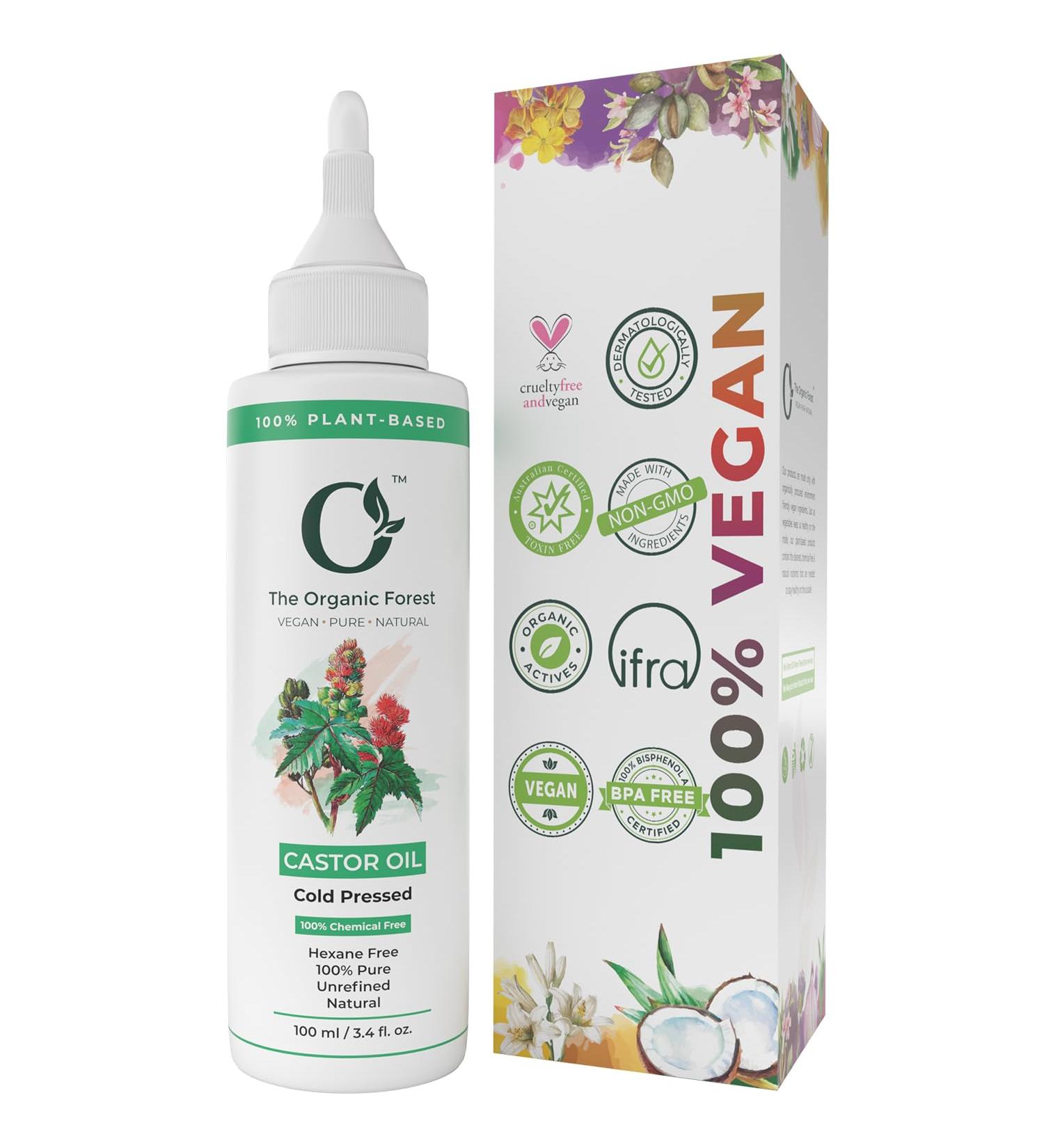Organic Forest 100% VEGAN Pure Cold Pressed Castor Oil 100 ML - For Hair Growth, Eyelashes & Eyebrows | Moisturizes Dry Skin & Nails - Buy Online on GoSupps.com