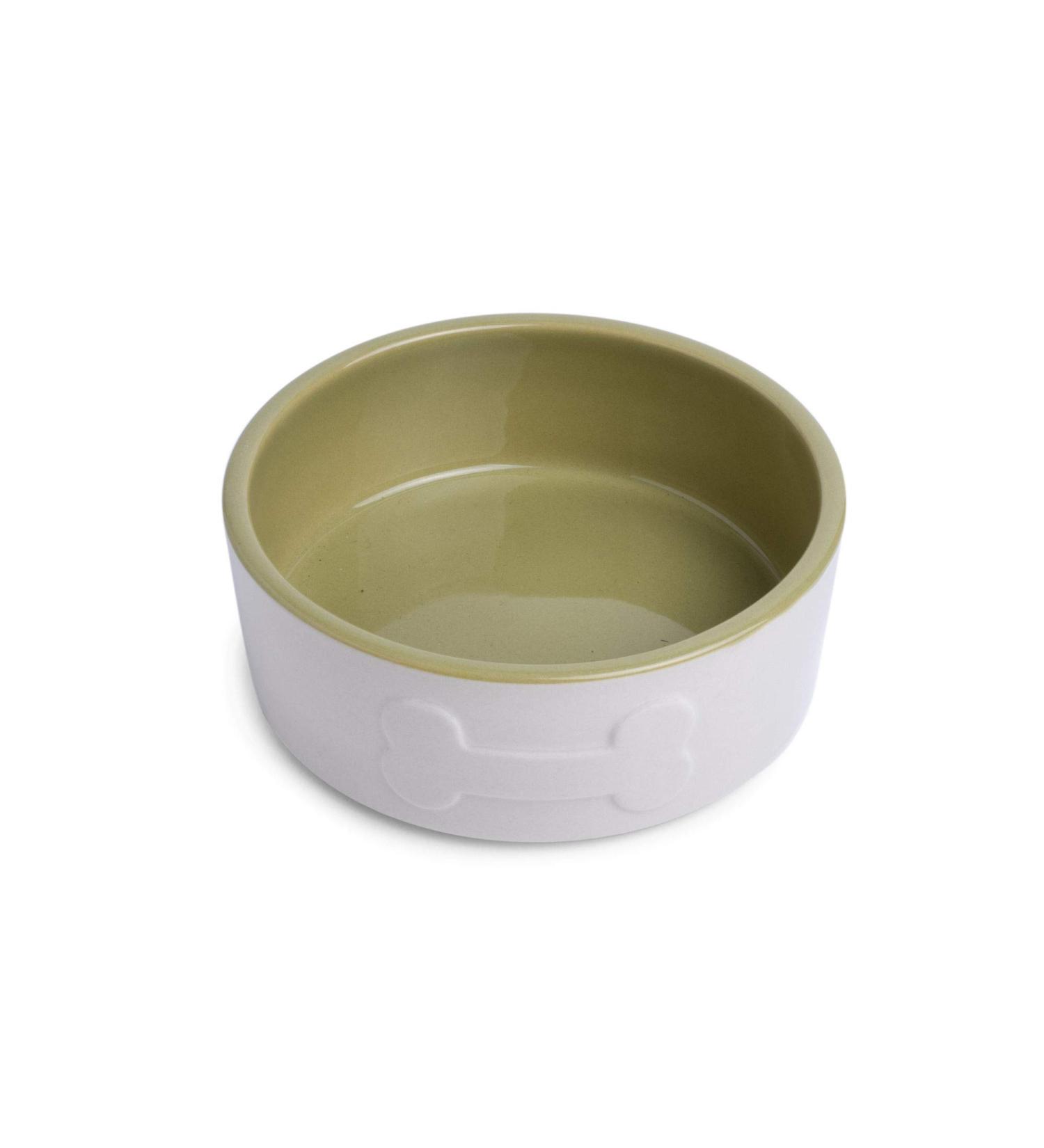 Petface Ceramic Dog Bowl 15cm Cream/Green - Durable Bone Shape Bowl for Dogs - Buy Online on GoSupps.com