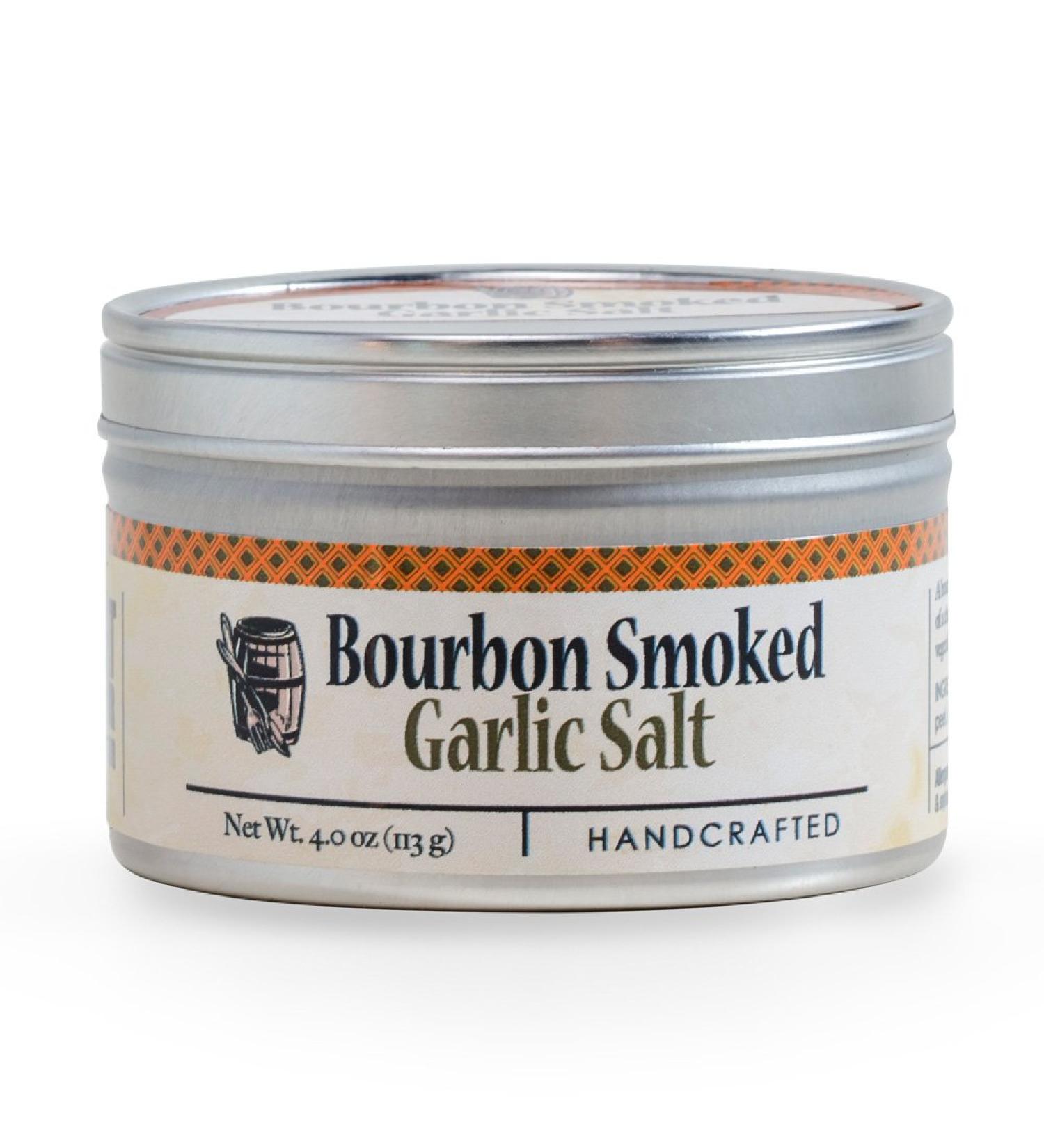 Garlic Salt - Handcrafted Bourbon Smoked Salt Blended with Garlic - 4 Ounce Tin