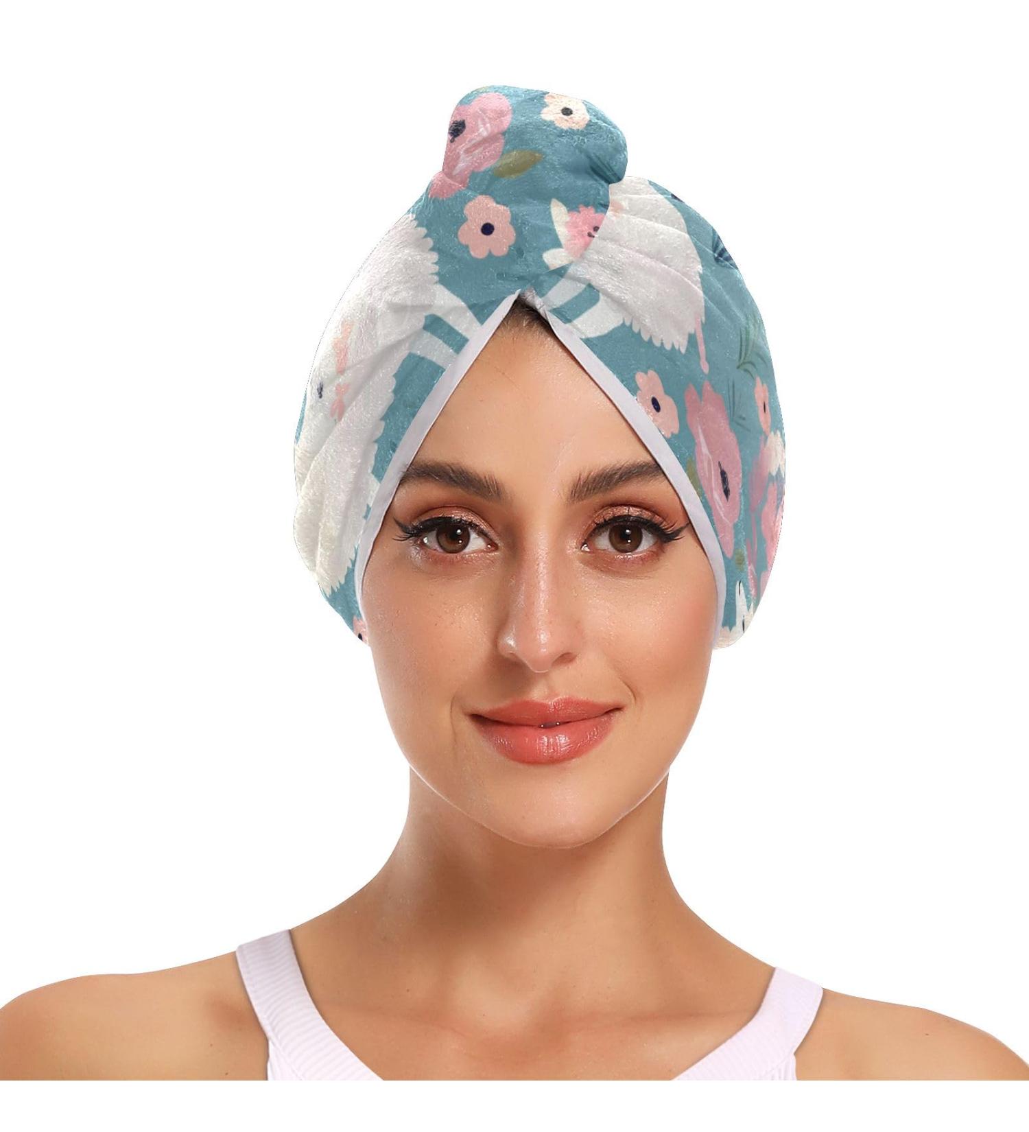 Super Absorbent Flowers Sheep Hair Towel 2 Pack - Quick Dry Hair Turbans with Button Wrap for Women & Girls | International Shipping - Buy Online on GoSupps.com