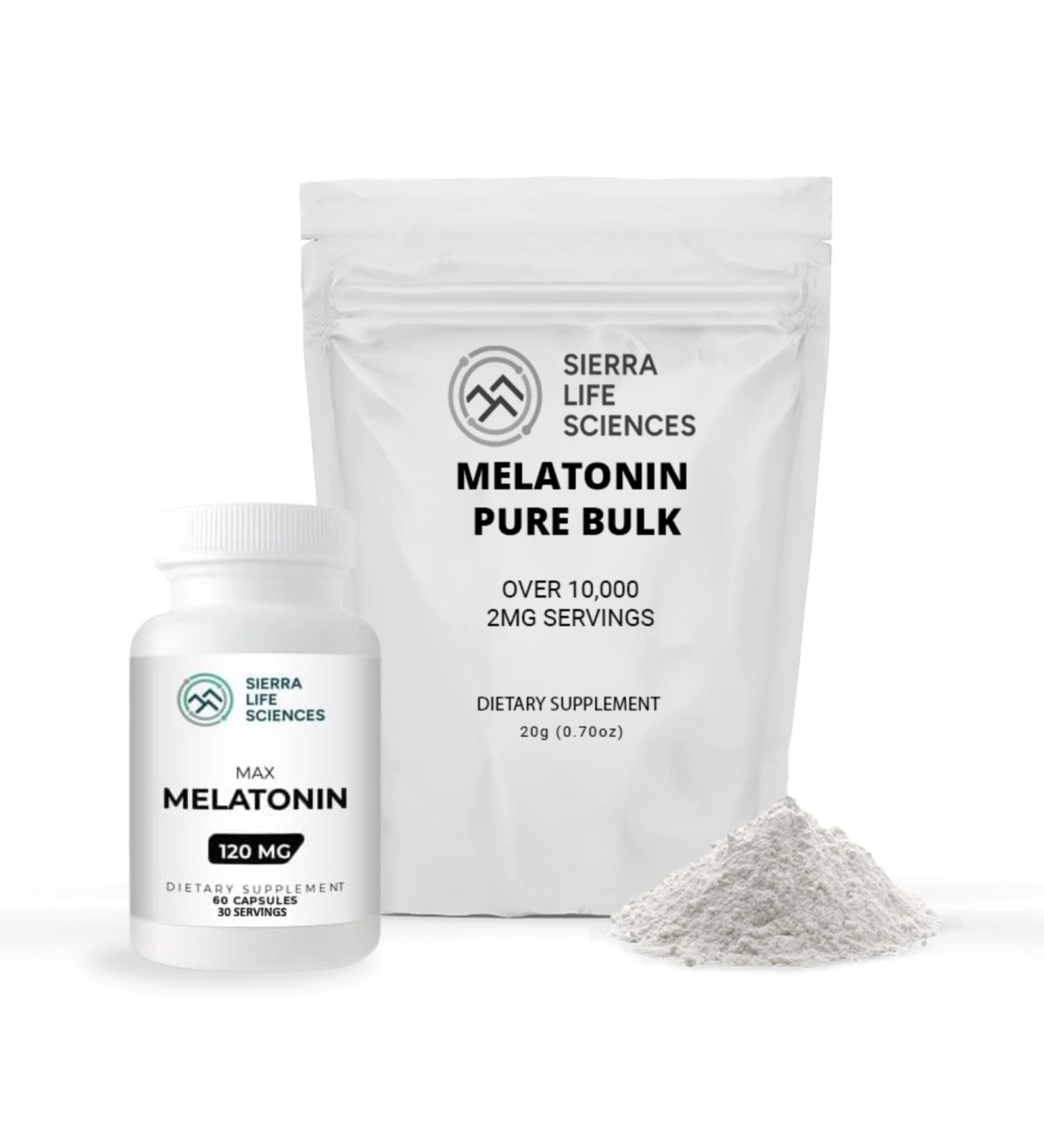 SIERRA LIFE SCIENCES Melatonin Max Bundle | 120mg Capsules & Bulk Powder | Natural Sleep Aid with Custom Dosing | 10 000 Servings Powder + 60 Capsules | High-Dosage Supplement - Buy Online on GoSupps.com