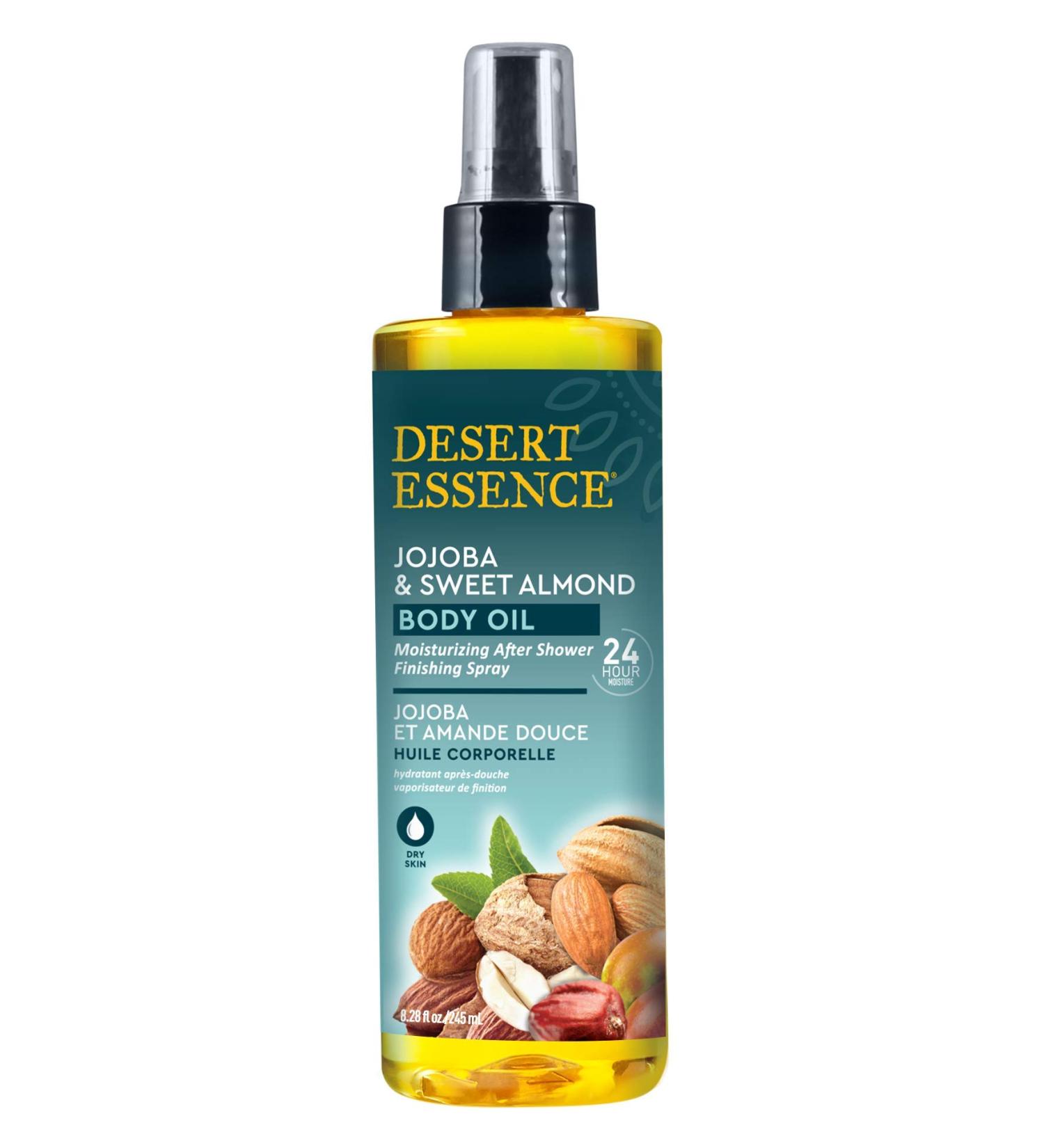 Desert Essence  Jojoba & Sweet Almond Body Oil Spray  8.28 fl. oz. - Gluten-Free  Vegan  Cruelty Free - 24hour Moisture  Soothes Skin  Perfect for Sensitive Skin  Illuminating Body Spray