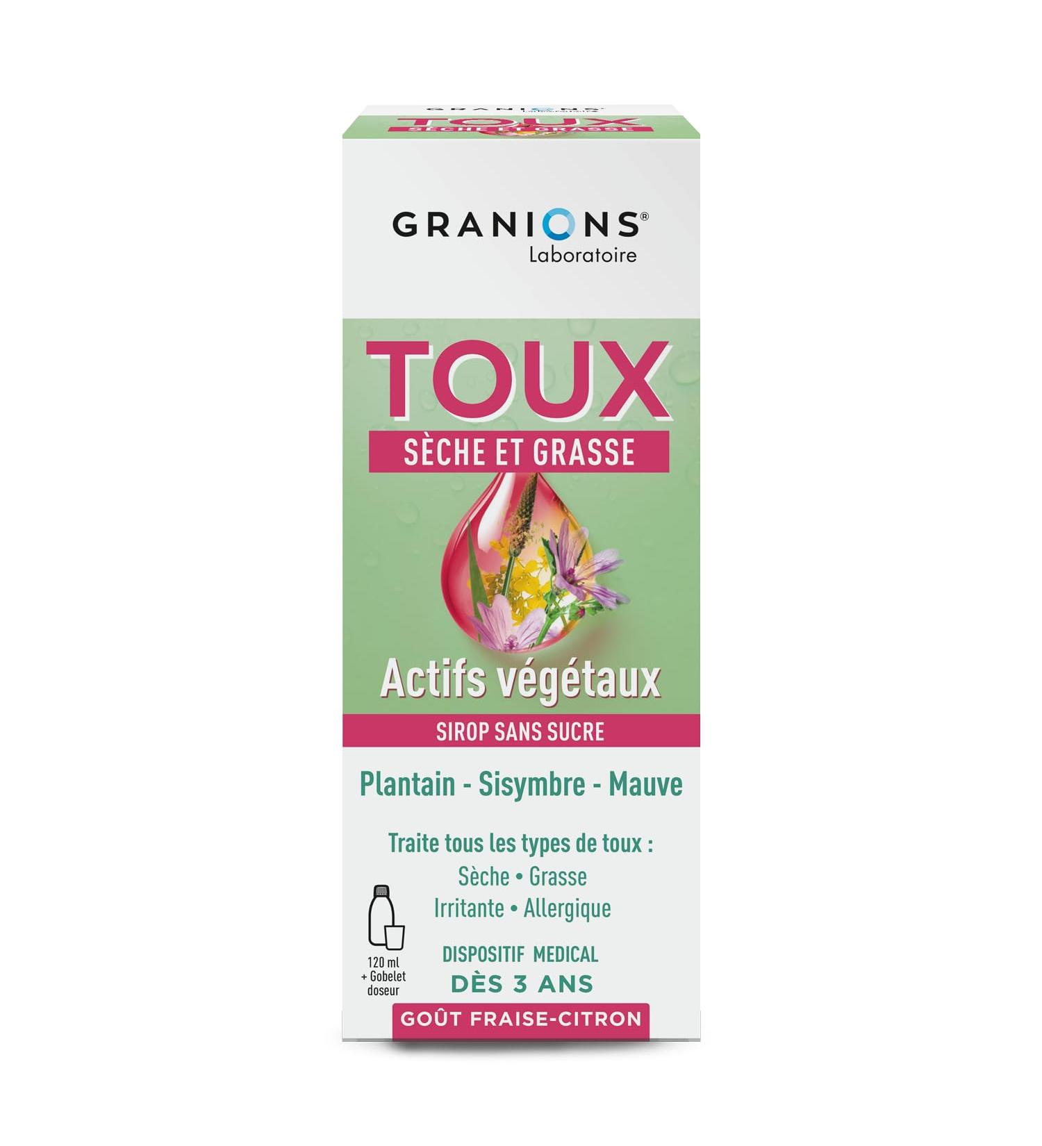 GRANIONS Cough Syrup - 4 in 1 - Sugar Free - Dry and Oily Cough Syrup - Natural Formula without Contraindications - Plantain Extract - Medical Device - From 3 Years | Strawberry-Lemon Flavor - 120 ml - Buy Online on GoSupps.com
