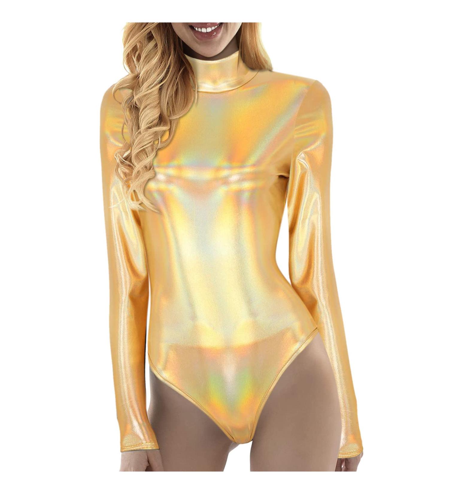 Elegant Women's Metallic Ballet Jersey Dance Body Suit - Long Sleeve Shiny Gymnastics Wear - Buy Online on GoSupps.com