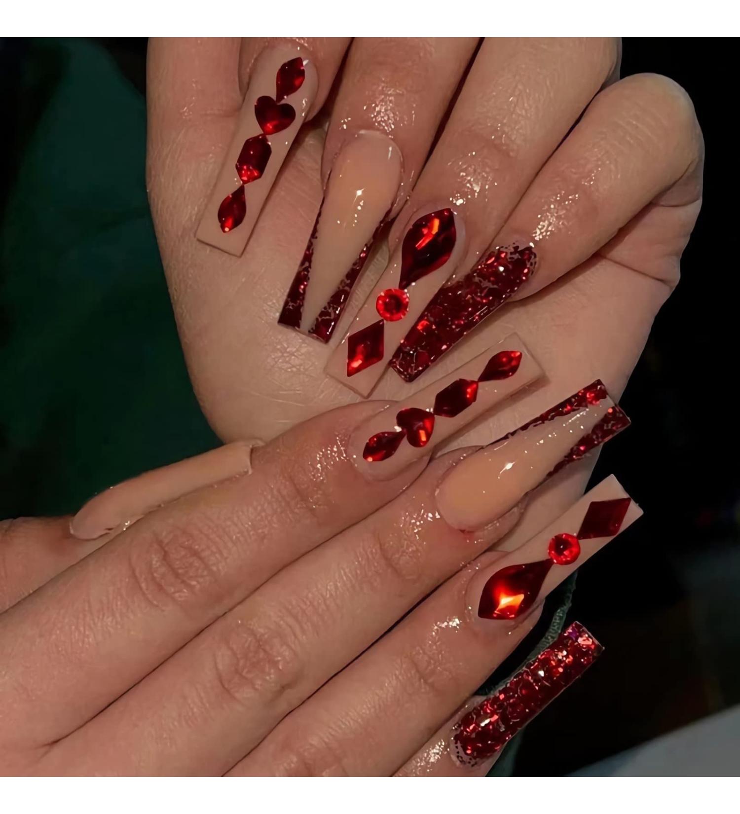 BABALAL Red Coffin Press on Nails with Rhinestones - 24Pcs Acrylic Glue on Nails for Women and Girls - Buy Online on GoSupps.com