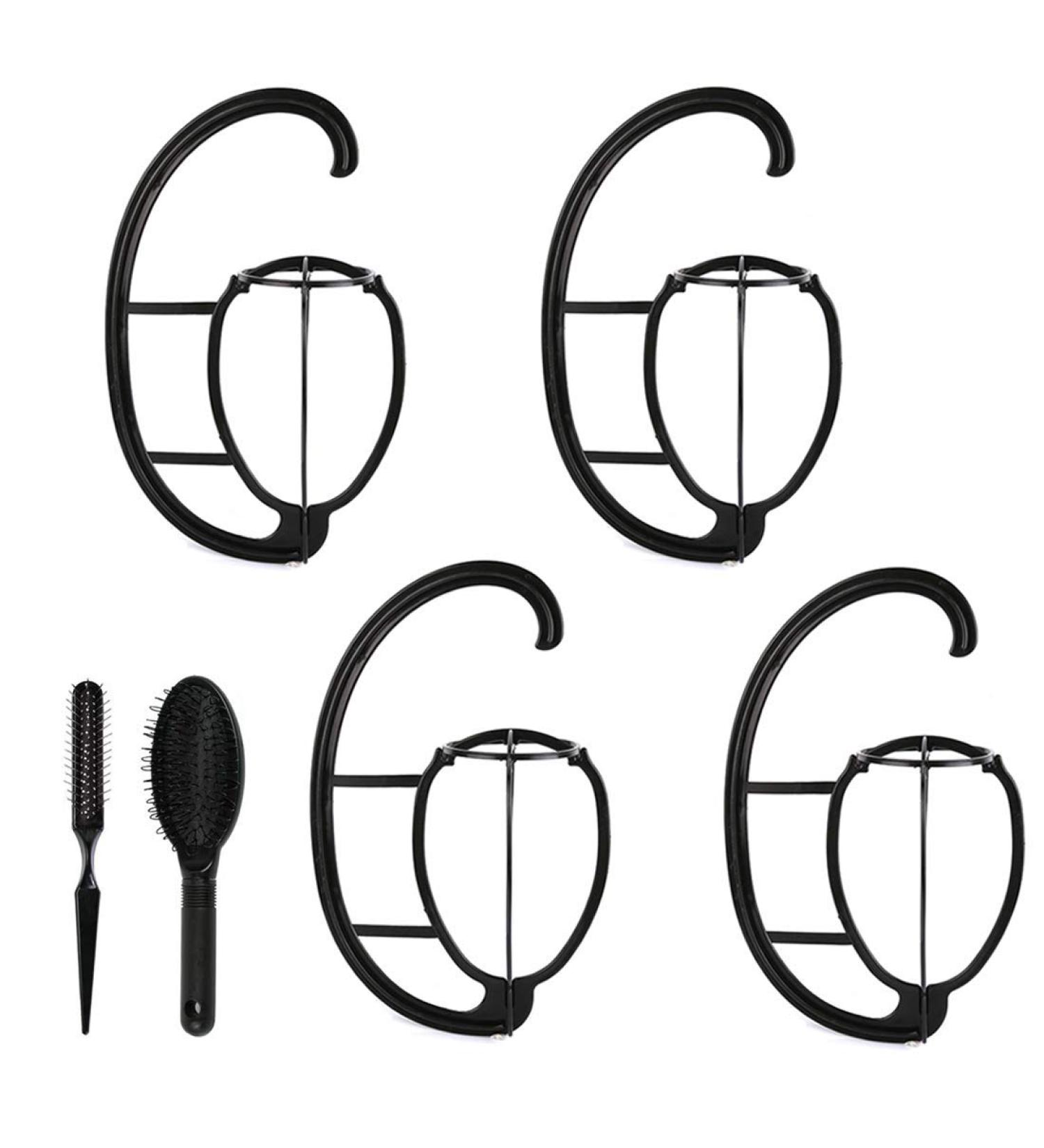 Wig Hanger and Brush Combo 4 Pack - Portable Hanging Stand and Collapsible Dryer for All Wigs - Includes Wig Comb Set - Black - Buy Online on GoSupps.com