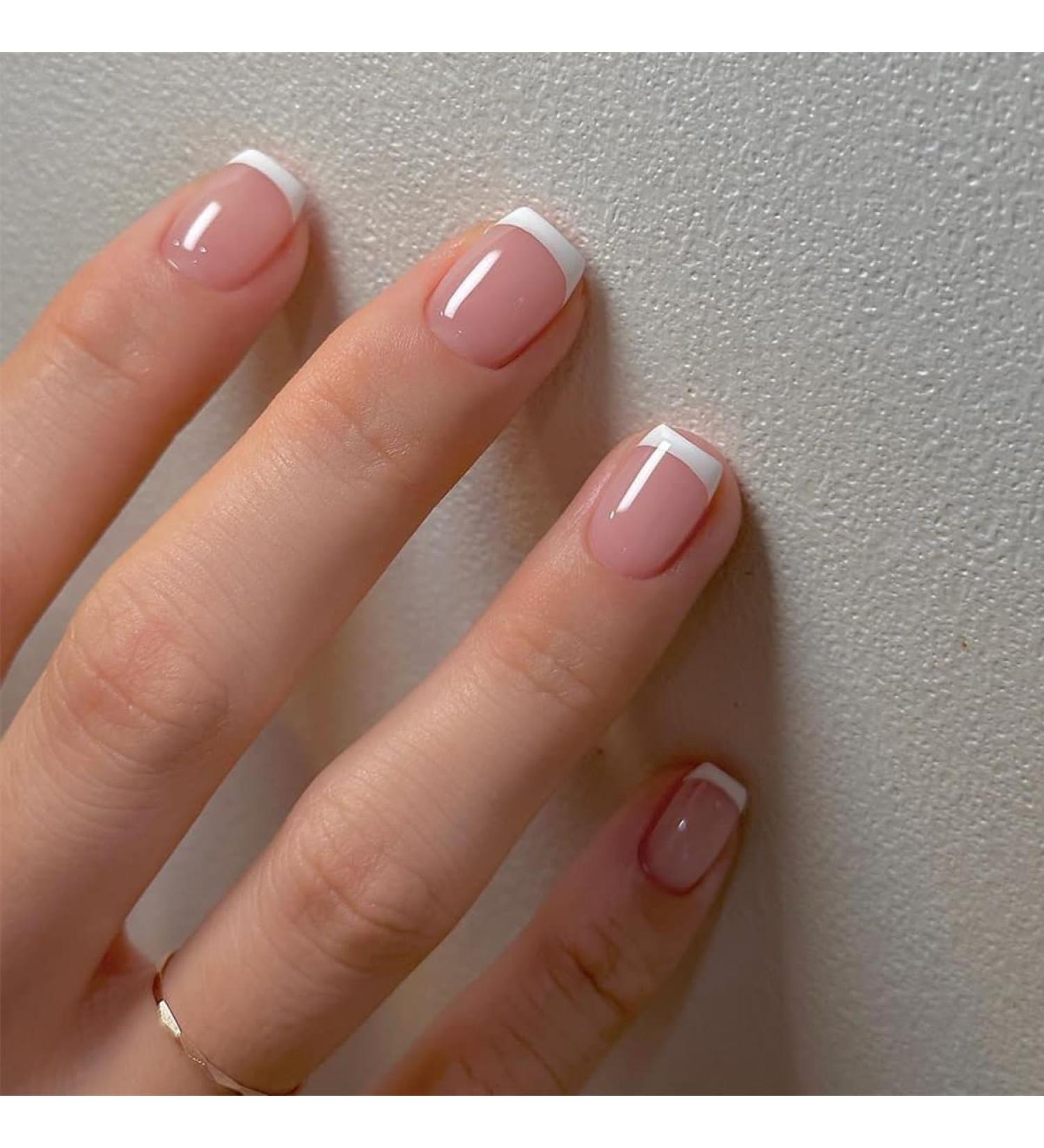 White French Tip Press On Nails - Short Square Pink Glossy Acrylic - Reusable 24pcs Stick On Nails for Women & Girls - DIY Nail Art Decoration - Buy Online on GoSupps.com