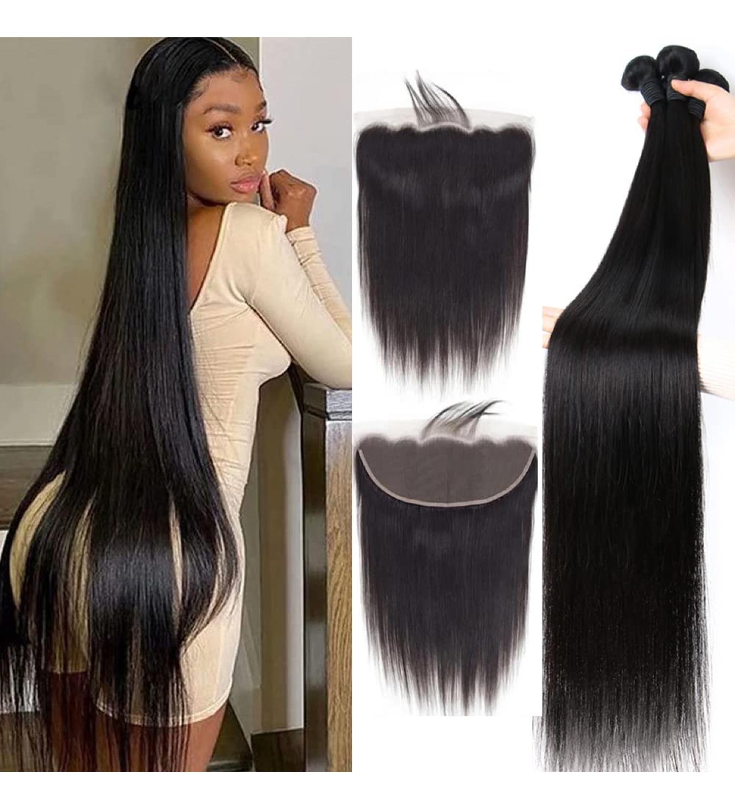 20 22 24+18 Straight Human Hair Bundles with Lace Frontal | Brazilian Virgin Human Hair 3 Bundles with 13x4 Lace Closure Frontal - Buy Online on GoSupps.com