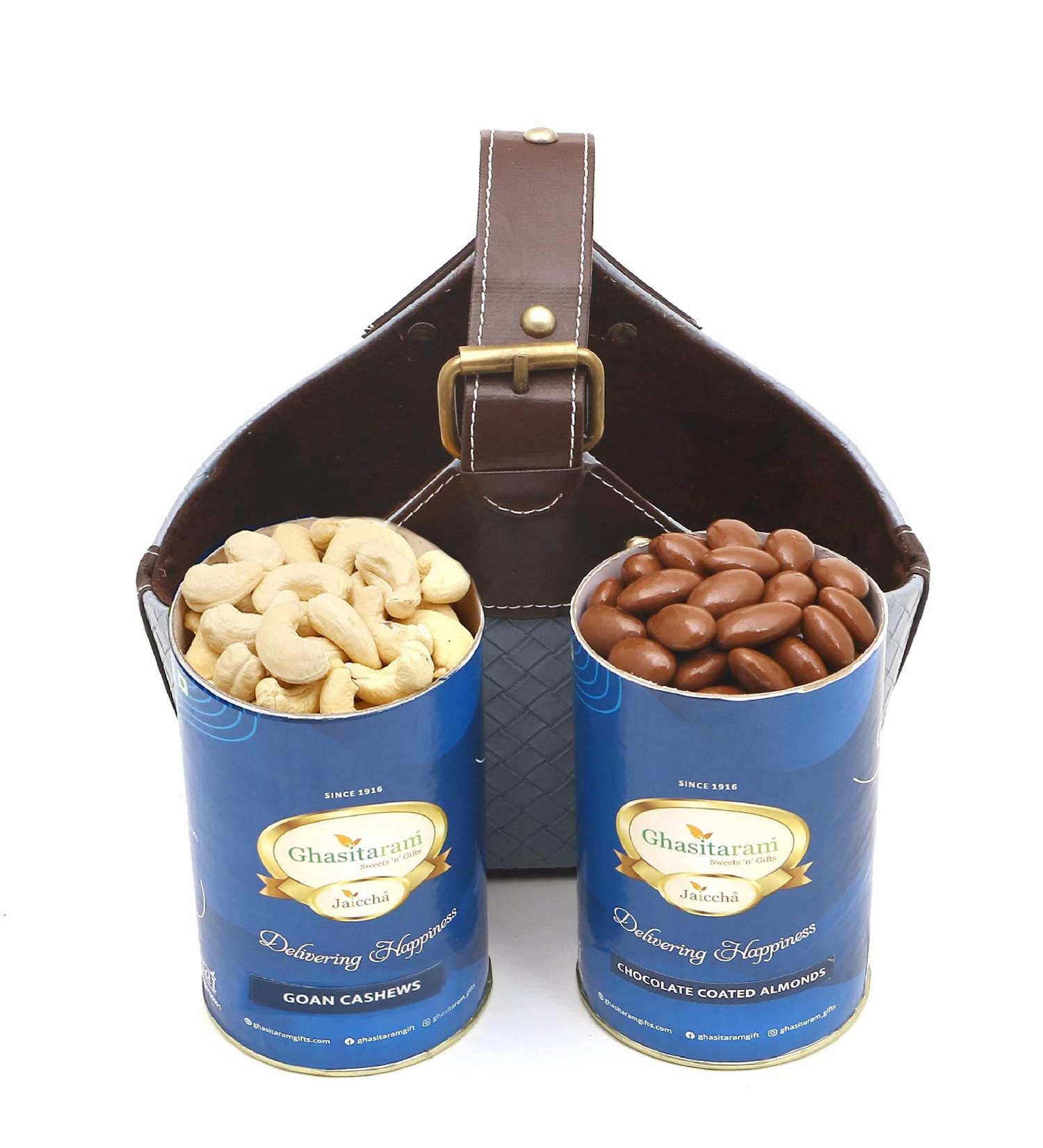 Jaiccha Ghasitaram Leather Buckle Basket Small of Cashews and Chocolate Almonds|Gift for Diwali Gifts Holi Rakhi Valentine Christmas Birthday Anniversary Her Him| - Buy Online on GoSupps.com