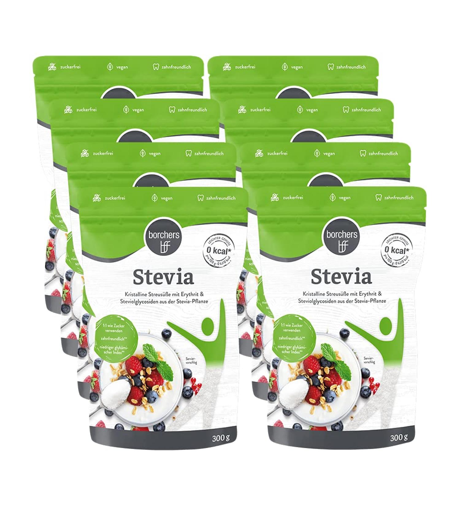 Borchers Stevia Crystalline Sweetener 8 x 300g - Natural Low-Calorie Sugar Substitute for International Shipping - Buy Online on GoSupps.com