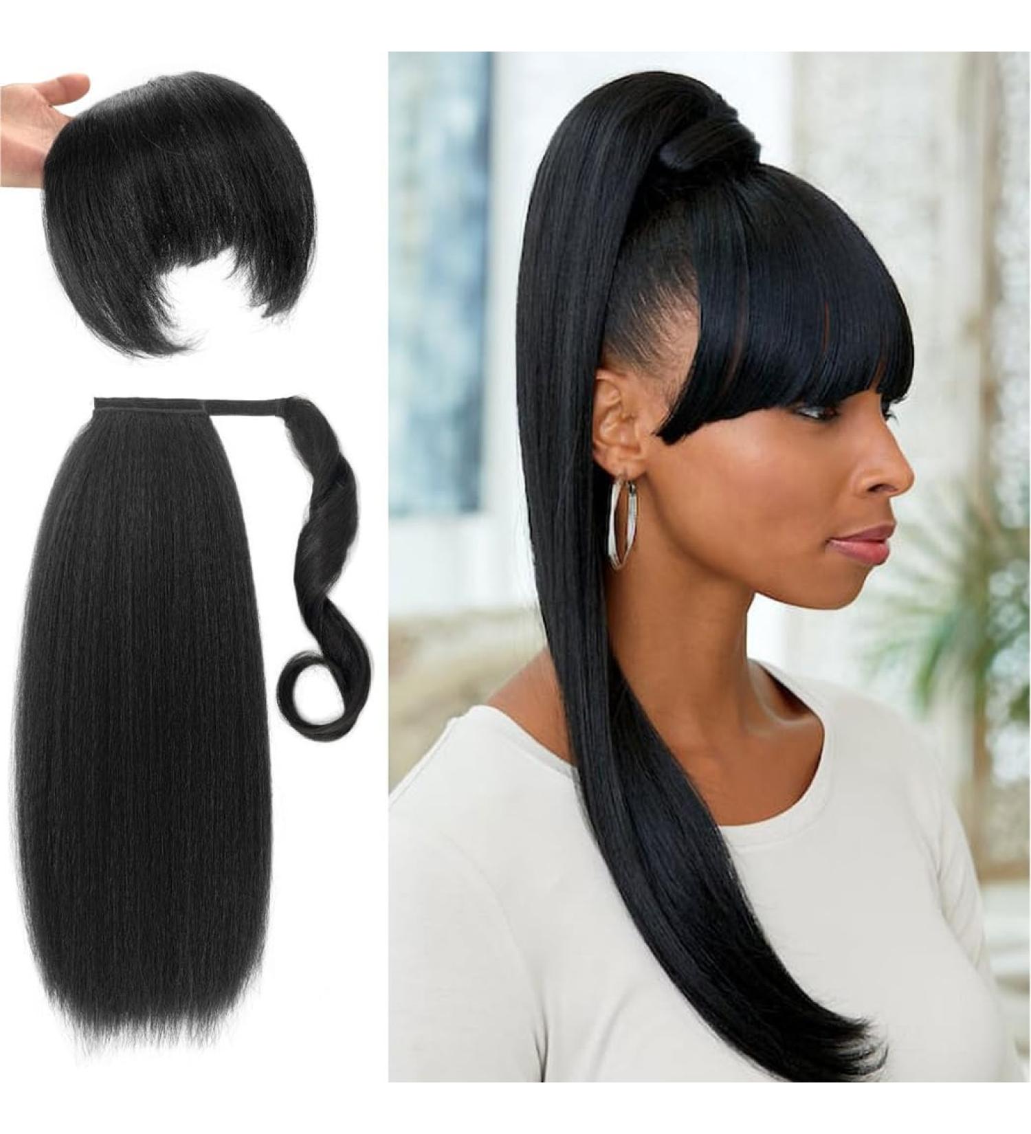 Kinky Straight Ponytail Extension with Bangs for Black Women Yaki Straight Wrap Arpund Pony Tail Hair Clip in Ponytail Extension Magic Paste Natural Looking Hair Hairpiece for Daily Party Use (Black) 20 inches Black - Buy Online on GoSupps.com