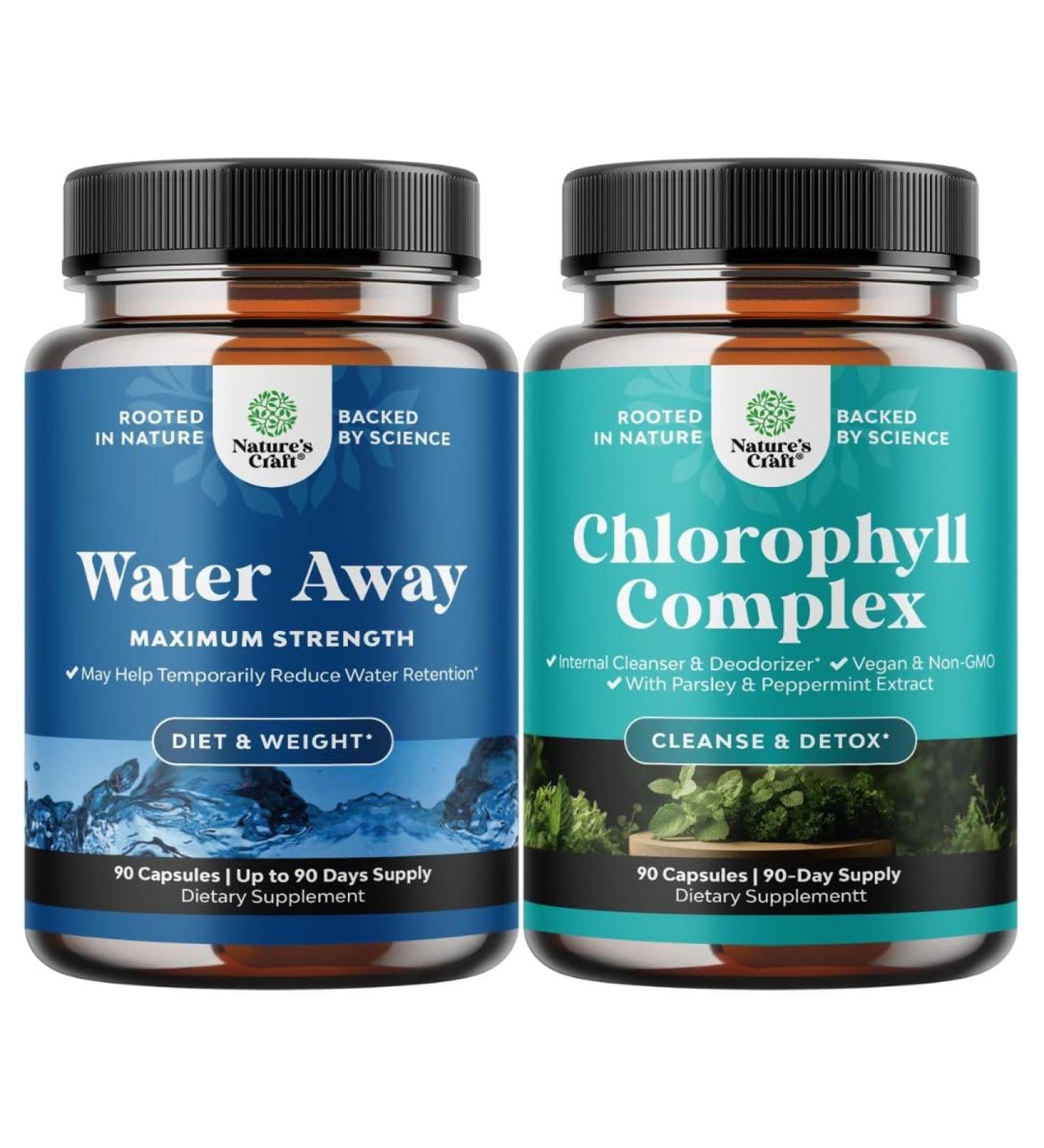 Bundle of Water Away Herbal Diuretic Pills High Strength with Dandelion Leaf Extract & Green Tea for Bloating Relief and Chlorophyll Capsules for Cleanse and Detox Support with Mint & Parsley Extract - Buy Online on GoSupps.com