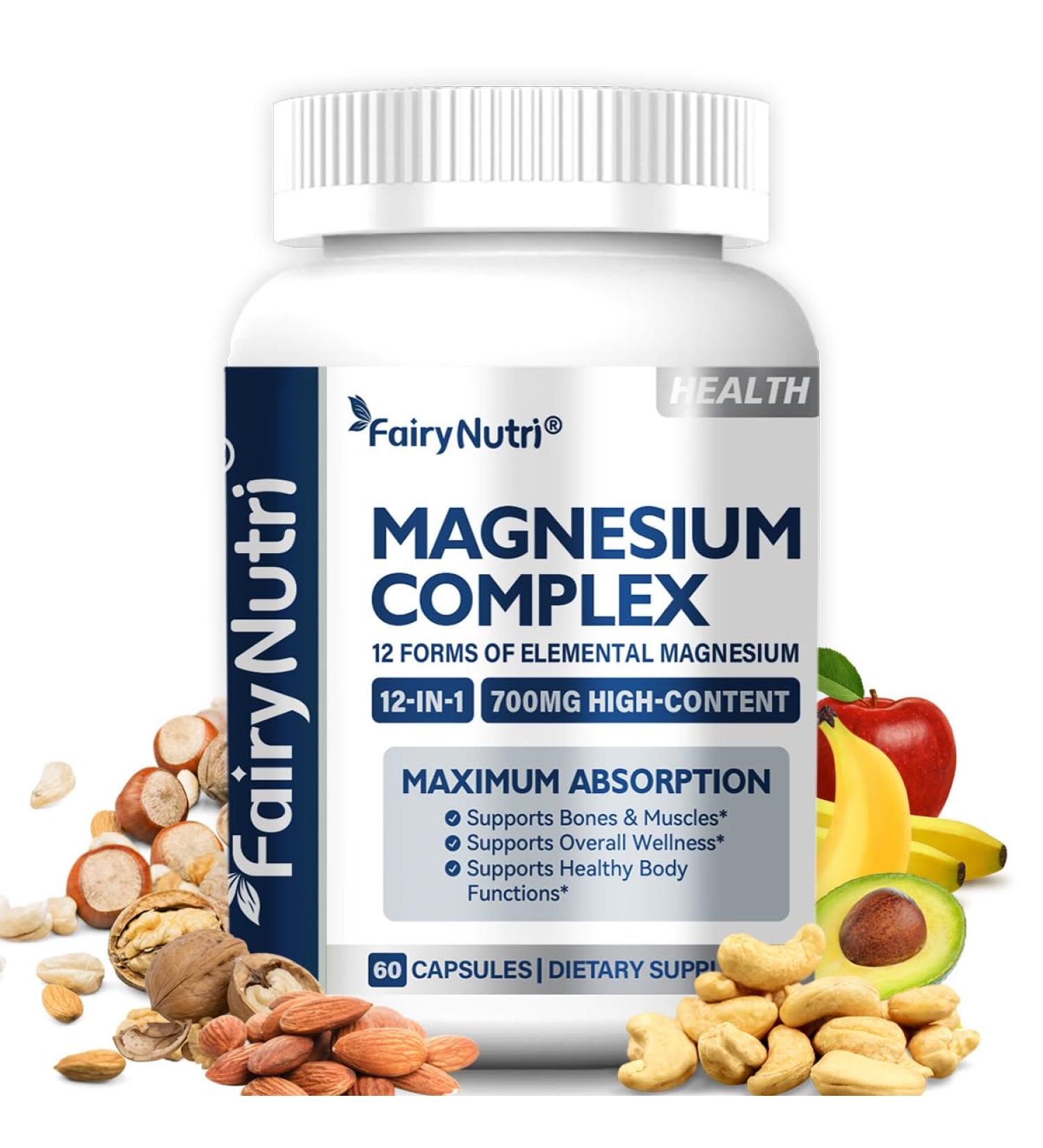 Magnesium Complex Supplement Elemental 12 700mg Per Capsules Magnesium Citrate Glycinate Malate Gluconate Ascorbate Taurate Carbonate Plant-Based - 60 Capsules - Buy Online on GoSupps.com