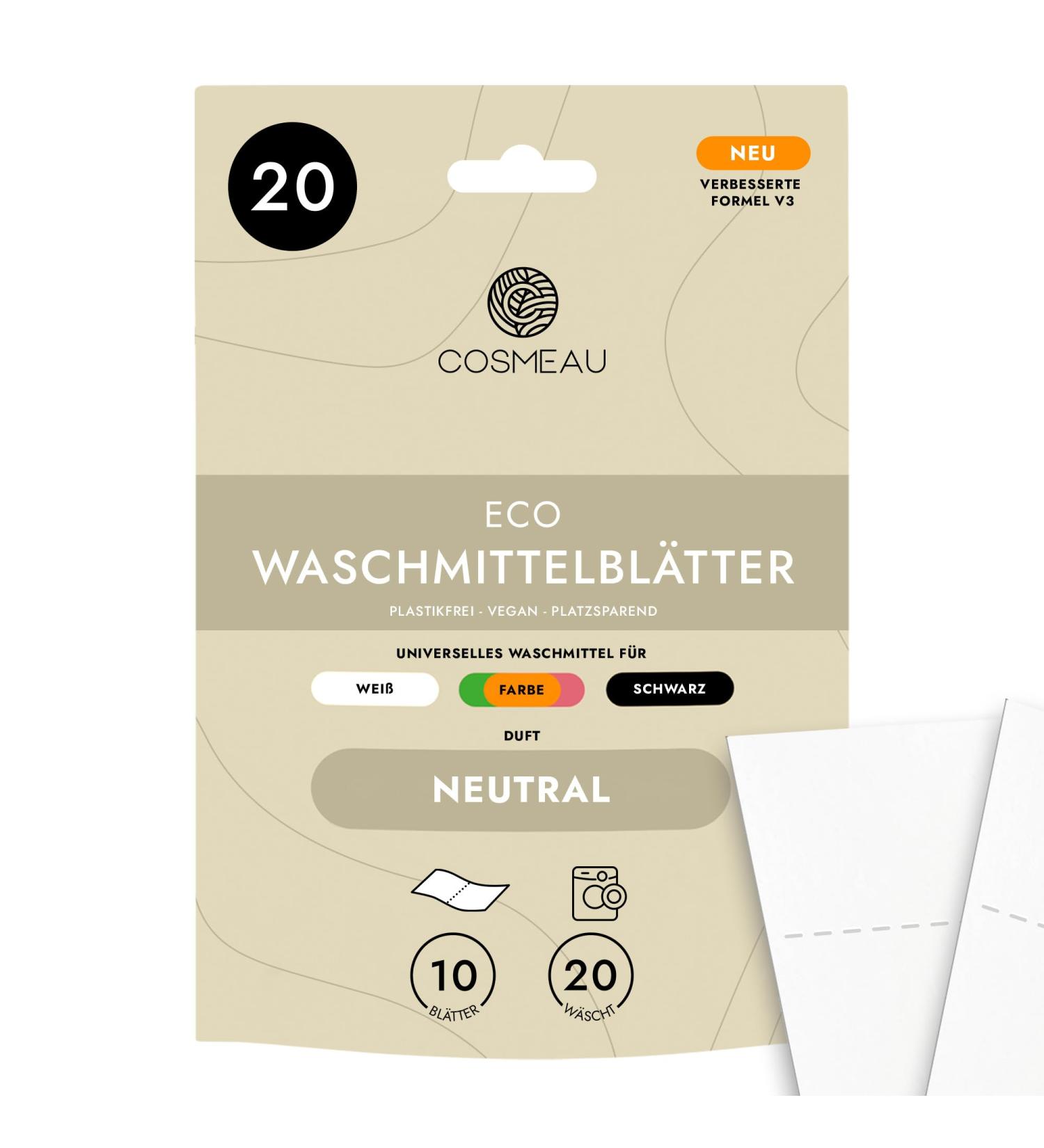 Cosmeau Neutral Detergent Leaves - 10 Plastic-Free Eco-Friendly Washes for Whites Colors & Blacks | Sustainable Travel Detergent - Buy Online on GoSupps.com