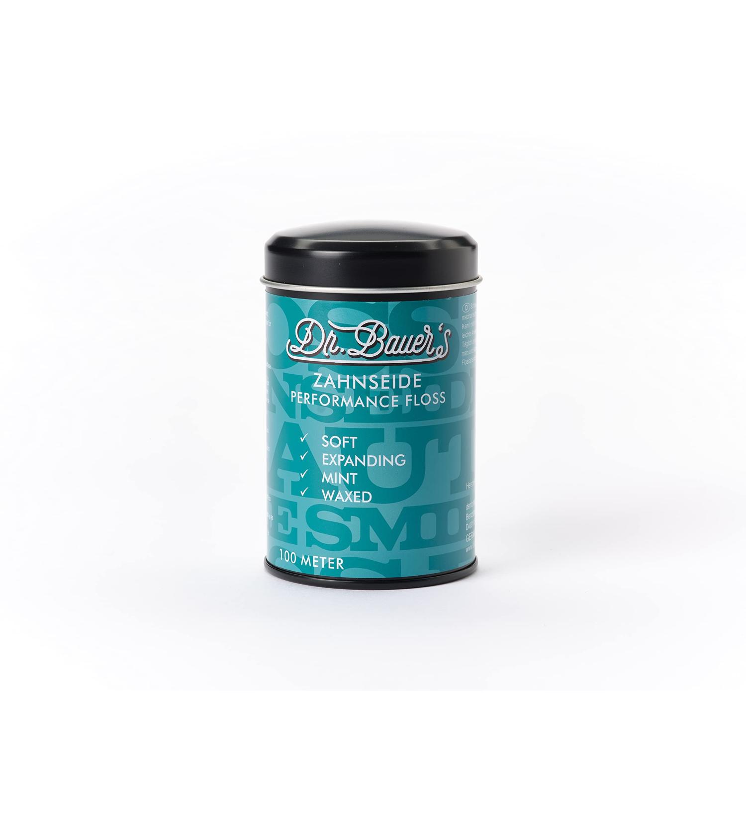 Dr. Bauer's Premium Dental Floss 100m - Stylish Black Metal Can Refillable Mint Flavor Waxed Fin - Ideal for International Shipping - Buy Online on GoSupps.com