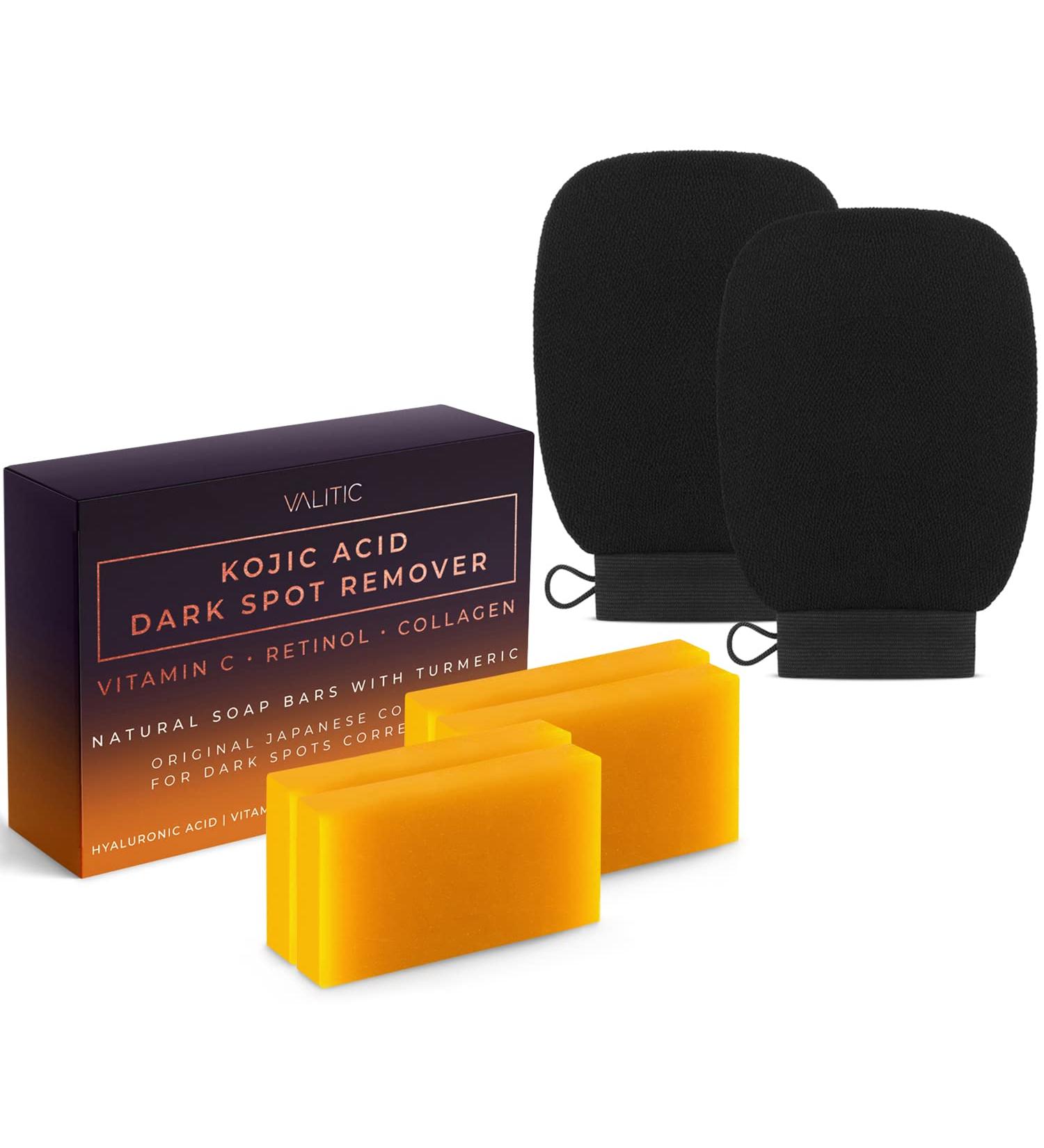 VALITIC 4 Pack Kojic Acid Dark Spot Remover Soap Bars with Vitamin C, Retinol, Collagen, Turmeric - Japanese Complex with Hyaluronic Acid + Exfoliating Gloves - Buy Online on GoSupps.com