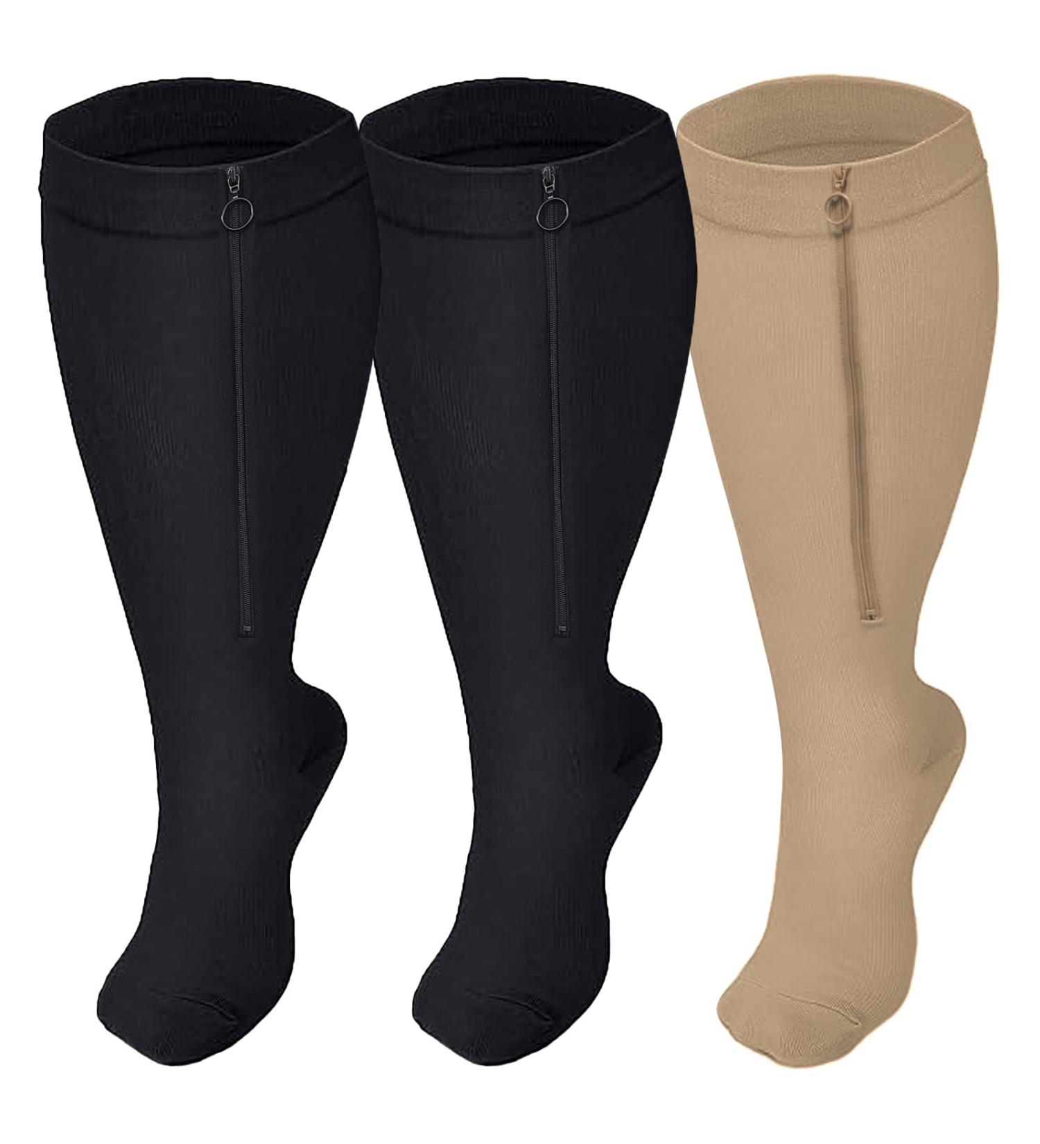 Buy Wisremt Plus Size Zip Compression Stockings 20-30 mmHg for Women & Men - 3 Pairs Wide Calf Knee Cups for Improved Blood Circulation - 6XL Black & Beige - Buy Online on GoSupps.com