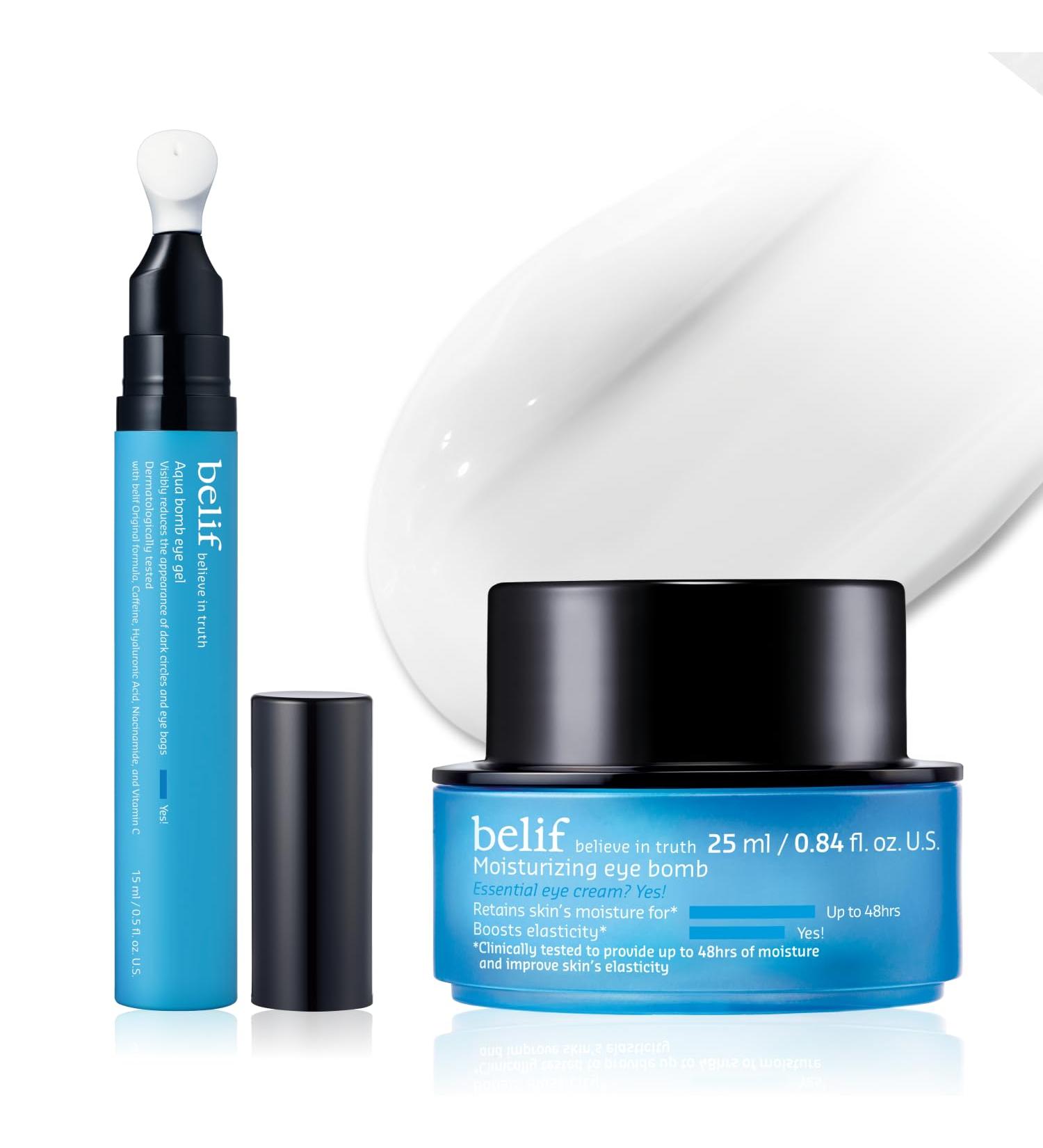belif Peptide Eye Bomb & Cooling Eye Gel Duo Rich Firming Anti-Aging Eye Cream + Lightweight Caffeine Hydrating Gel for Fine Lines Puffiness & Tired Eyes Korean Skincare Set - Buy Online on GoSupps.com