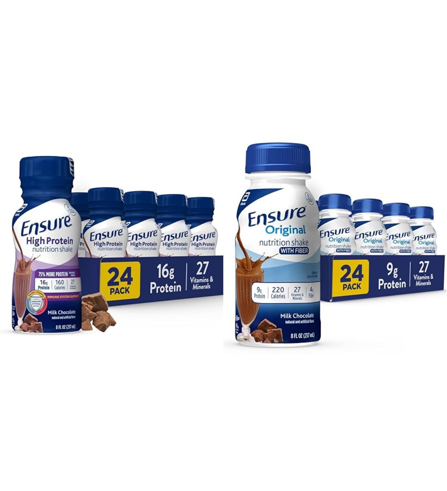 Ensure High Protein Milk Chocolate Nutrition Shake With Fiber 8 Fl Oz (Pack of 24) & Ensure Original Milk Chocolate Nutrition Shake | Meal Replacement Shake | 24 Pack Bundle - Buy Online on GoSupps.com
