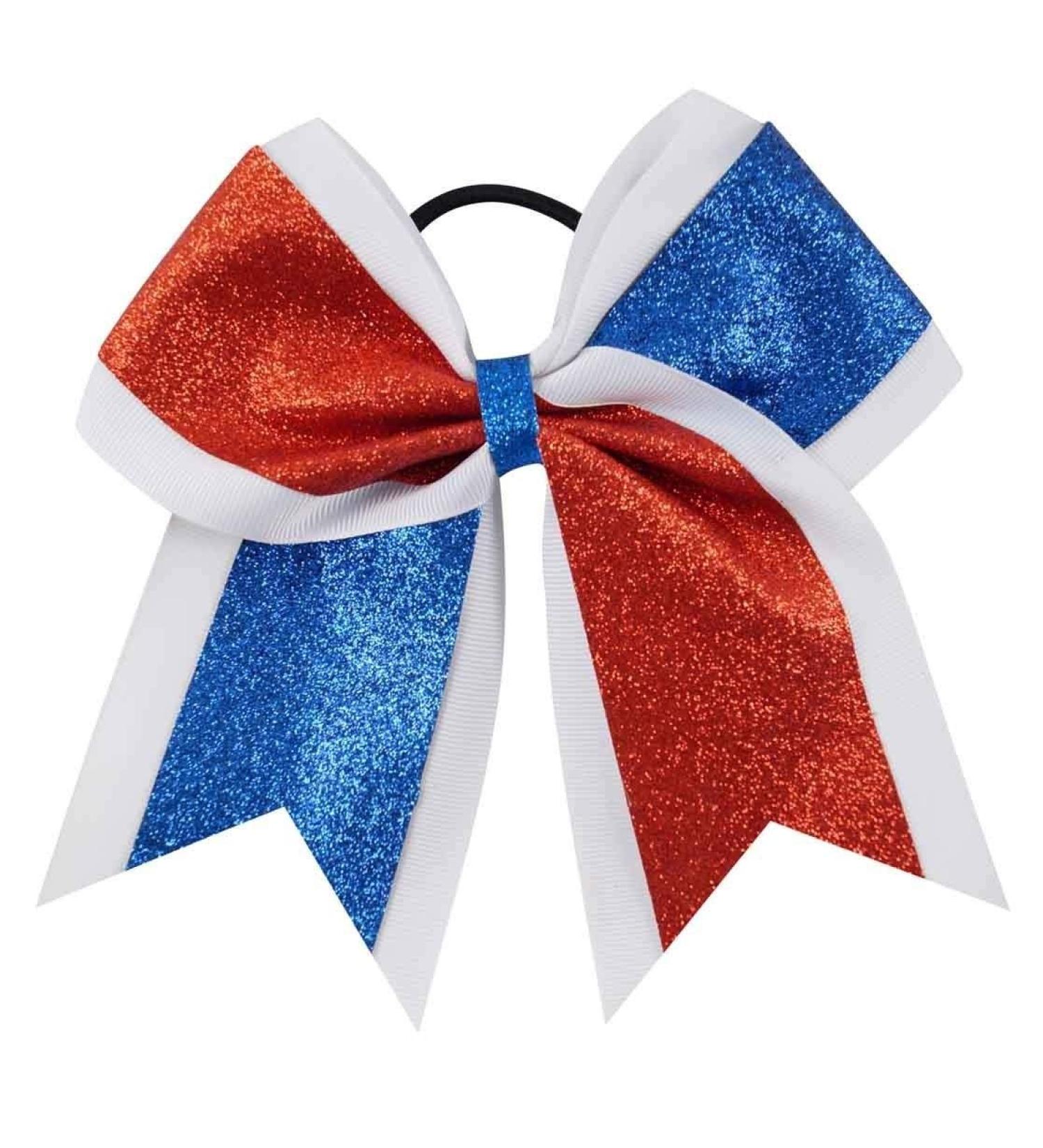 New "GLITTER DUO Red & Blue" Cheer Bow Pony Tail 7 Inch Girls Hair Bows Cheerleading Dance Practice Football Games Competition Birthday Grosgrain Ribbon