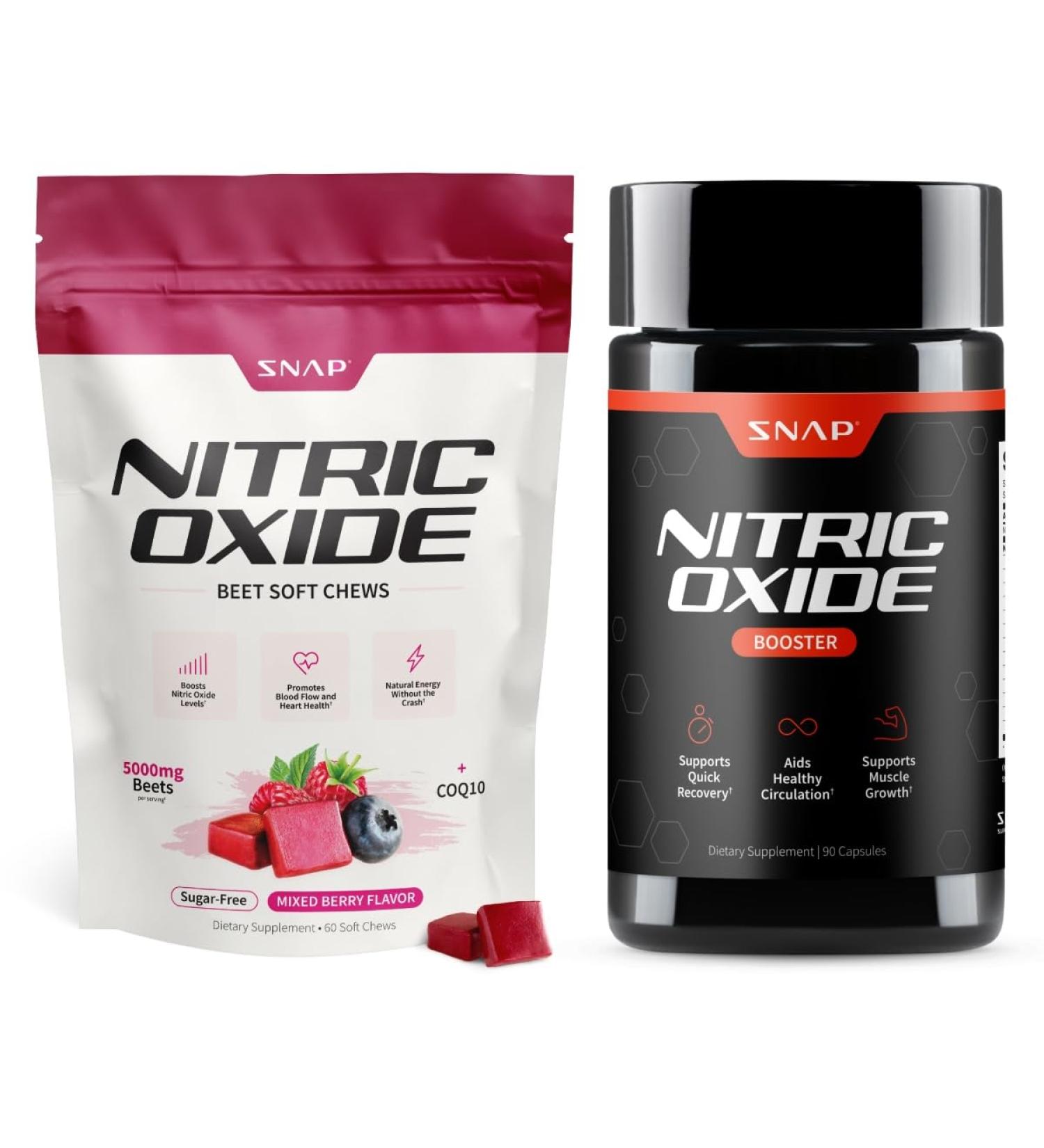Snap Supplements Nitric Oxide Beet Root Soft Chews + Nitric Oxide Booster Bundle 60 Sugar-Free Soft Chews + 90 Vegetarian Capsules - Buy Online on GoSupps.com